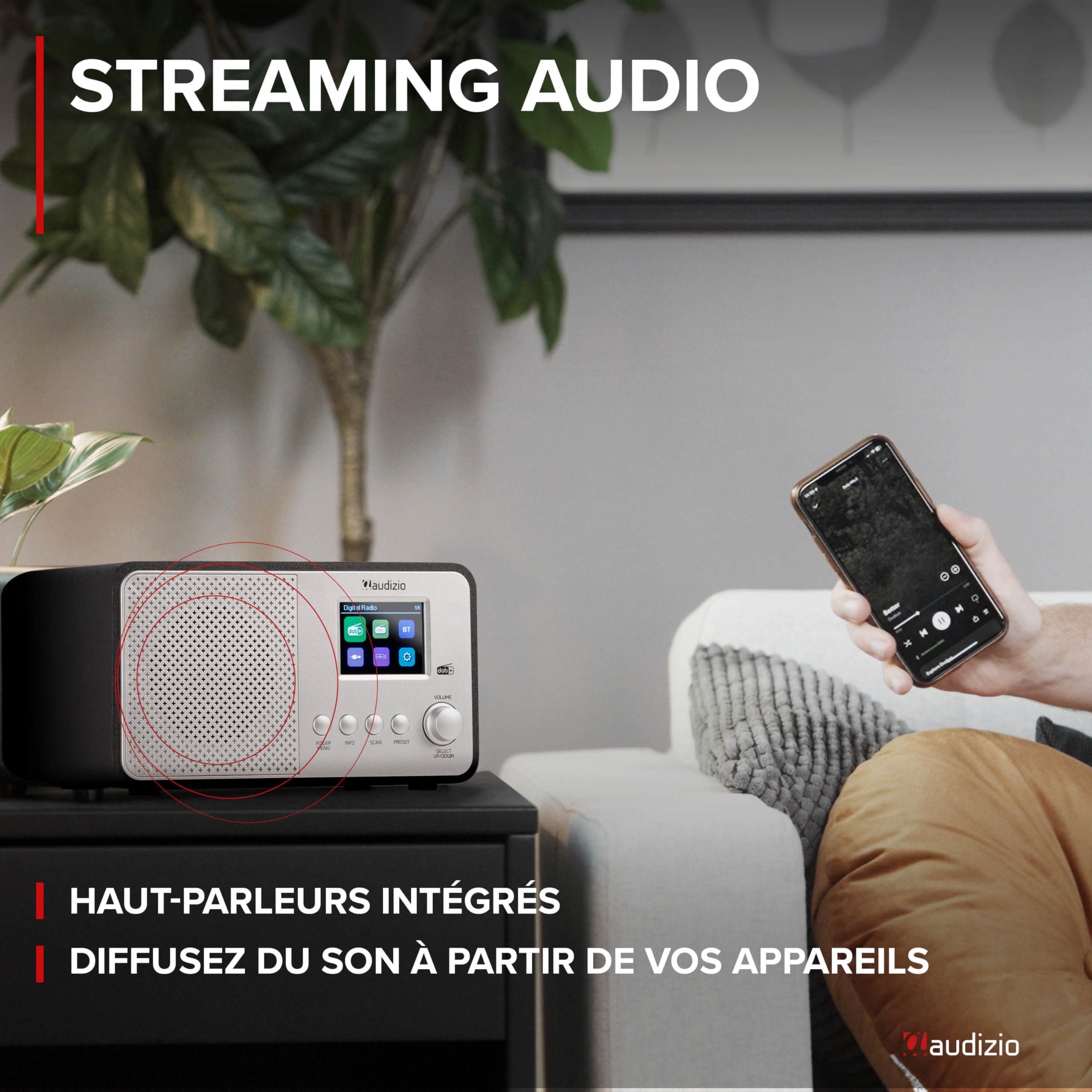 Audizio Avio Radio Dab+ Bluetooth 5.0 - Aluminium, 20 Stations Enregistrables, Écran Couleur 2,4", Haut-Parleur Intégré, Port USB, Idéale pour Écouter la Radio à la Maison