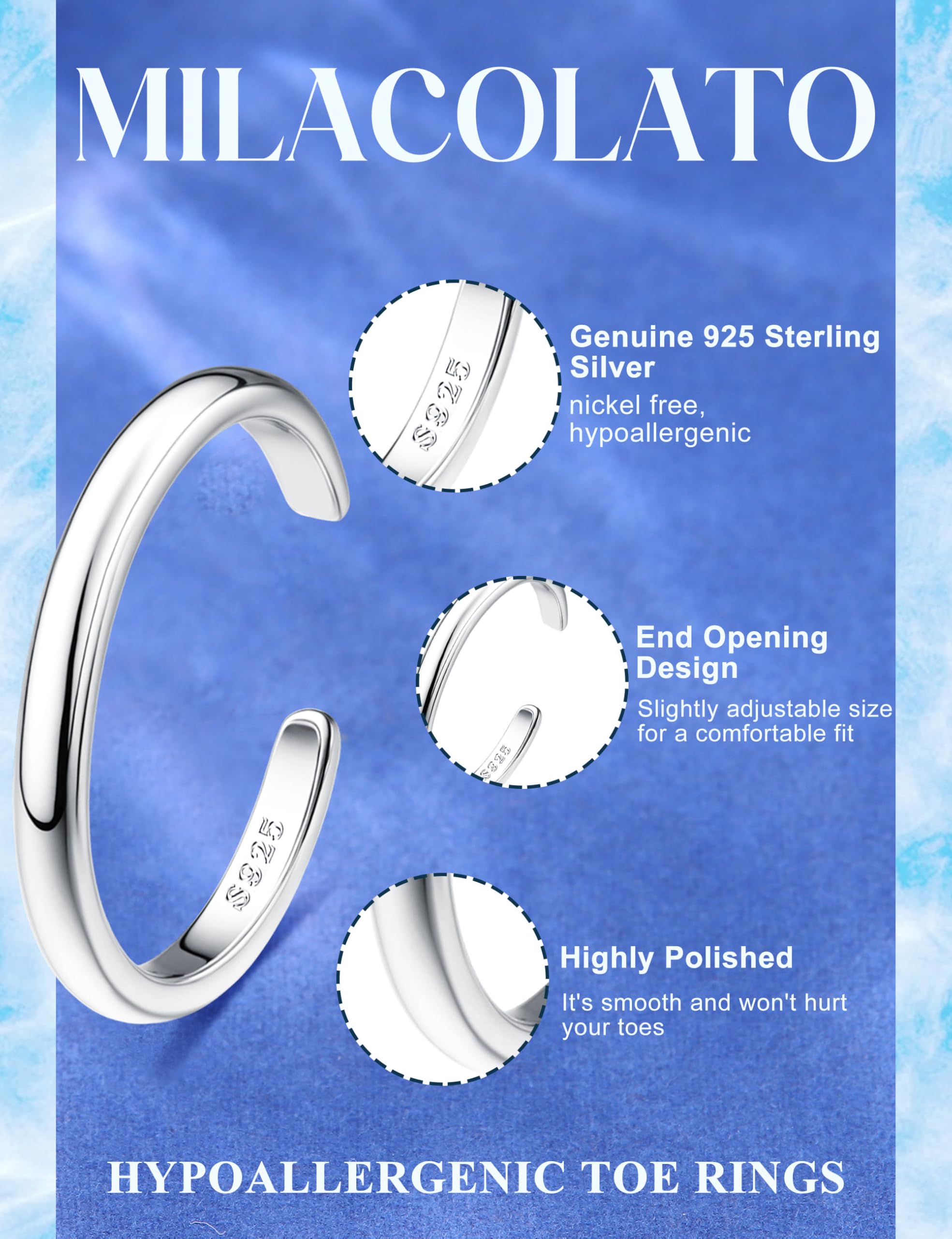 MILACOLATO 3PCS 925 Anelli dei Piedi in Argento Sterling per Donne Regolabile Anelli dei Piedi Pietra di Luna Banda Coda Aperta Anelli dei Piedi Spiaggia Set di Gioielli del Piede