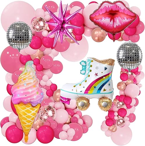 Kit de arco de guirnalda de globos rosados, 136 globos dorados metálicos de color rosa intenso con enormes patines de labios en explosión de