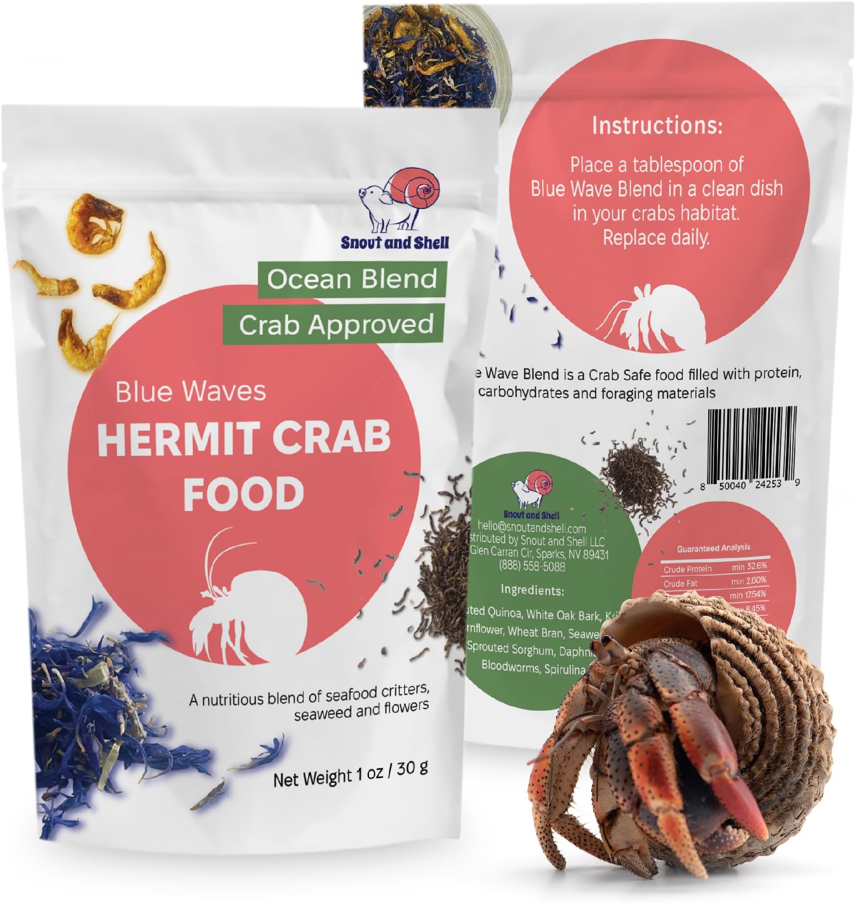 Blue Waves Hermit Crab Food – Marine Protein with Krill, Bloodworms & Sea Veggies – 30g – Snout and Shell