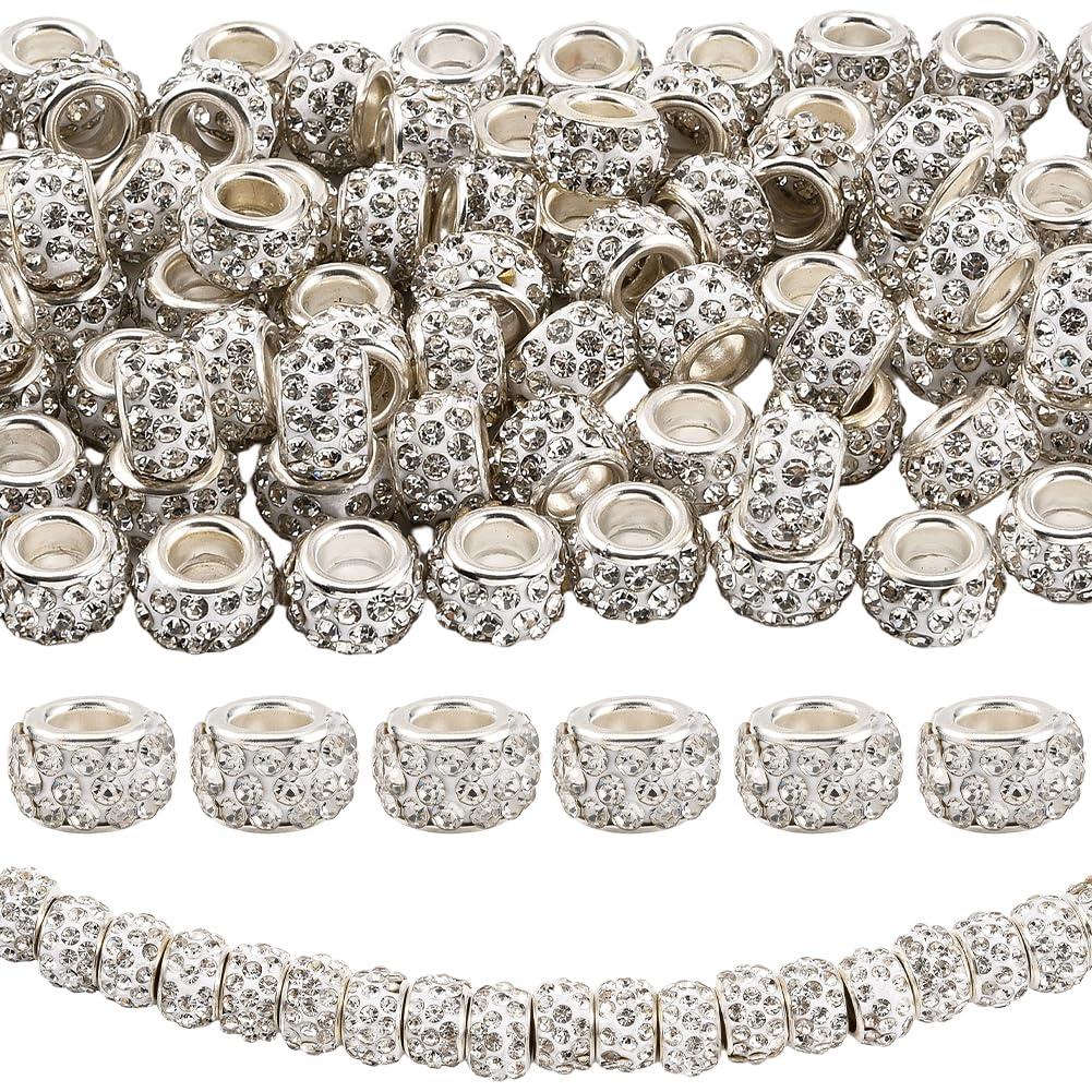 PONABEADIY 1 Box 12MM 80PCS Large Hole Silver Rhinestone Beads Big Holes Sparkly European Spacer Rondelle Charms Loose Bead Bulk for Jewellery Making Bracelets Beadable Pens Hair Braids DIY Crafts