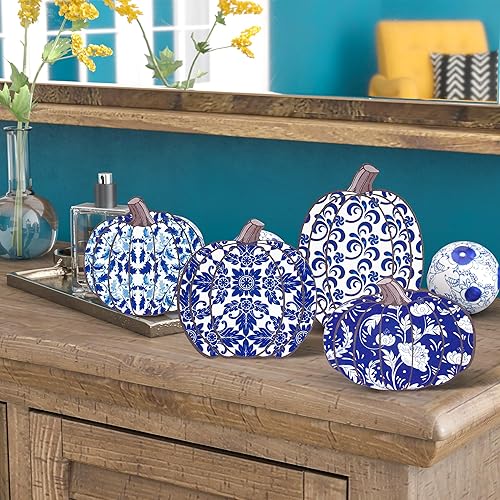 Miniatura 5 de WATINC 4 piezas de decoración de mesa de madera de calabaza de otoño, decoración de bandeja escalonada de Acción de Gracias, juego de bloques de