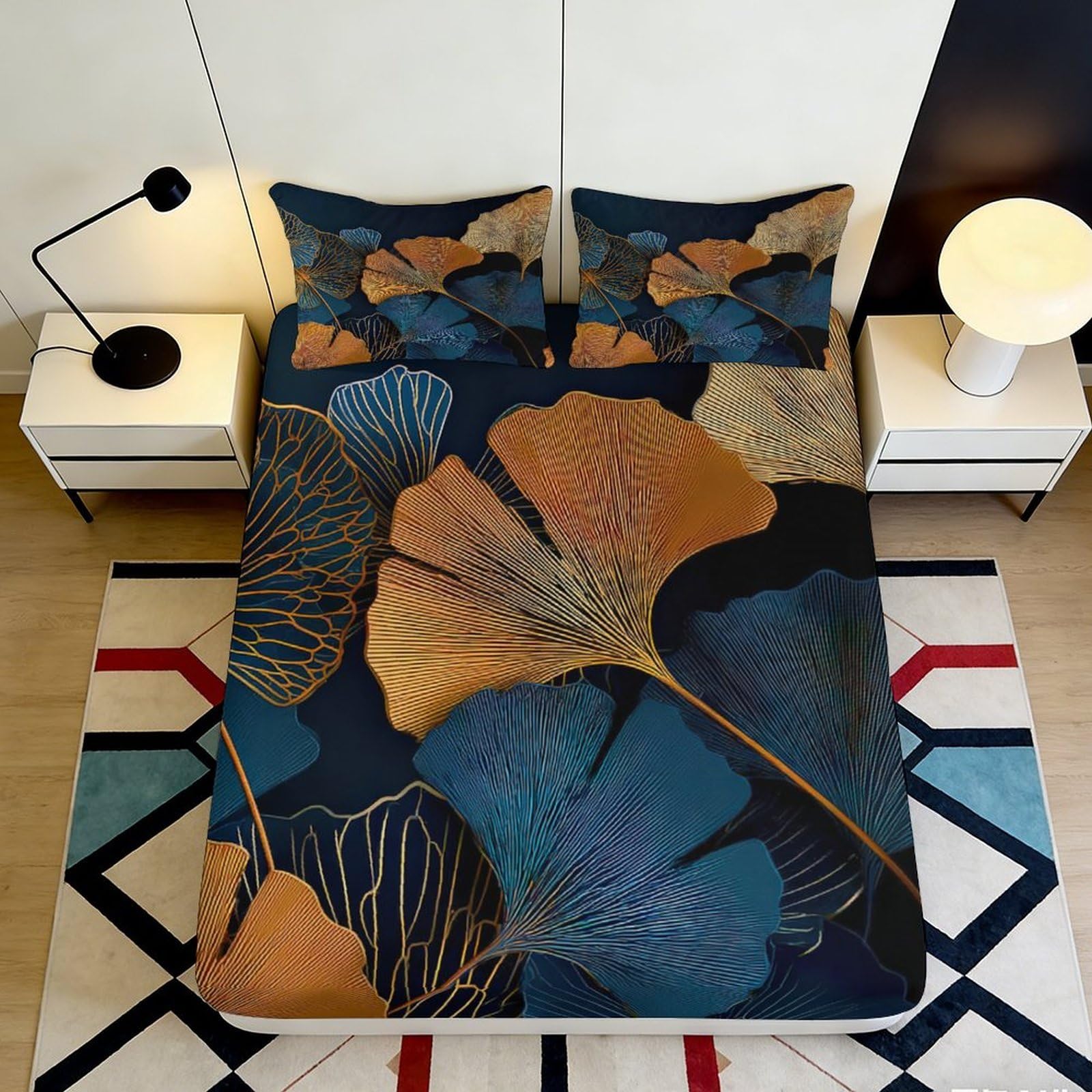 3D Printed Ginkgo Leaf Fitted Sheet Microfiber Soft Breathable Abstract Botanical Bed Cover for Bedroom Dorm Mattress Protection Decor 160x200x25cm