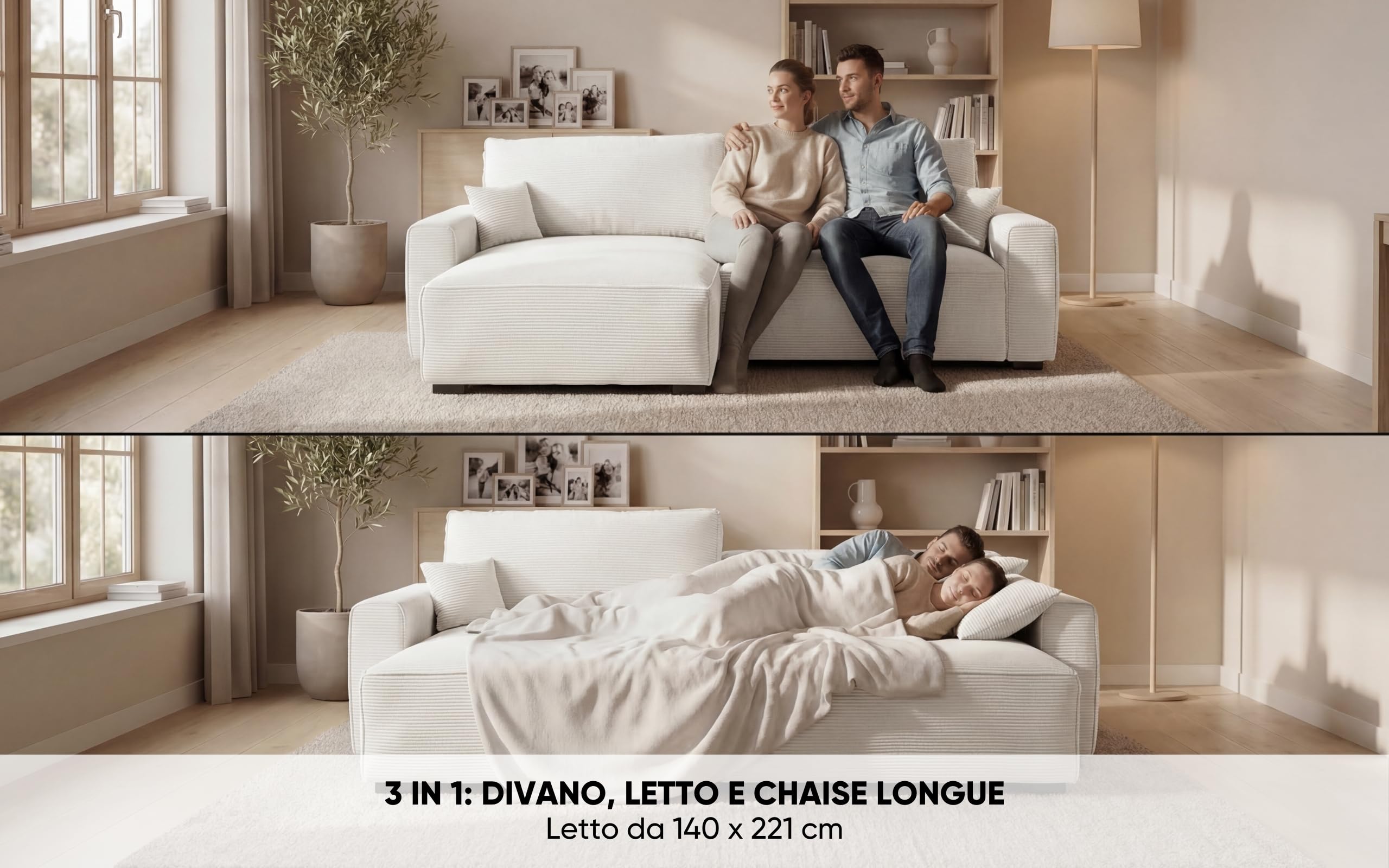 BUDWING Lauren Divano Letto 3 Posti – Chaise Longue Reversibile con Contenitore – Stile Moderno, Tessuto Resistente 380 g/m² – 269x158x96 cm – Beige