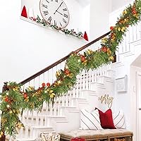 Vista 7 de Guirnalda de Navidad iluminada de 6 pies, guirnalda de Navidad a pilas con luces, guirnalda preiluminada con bolas rojas para interiores, hogar