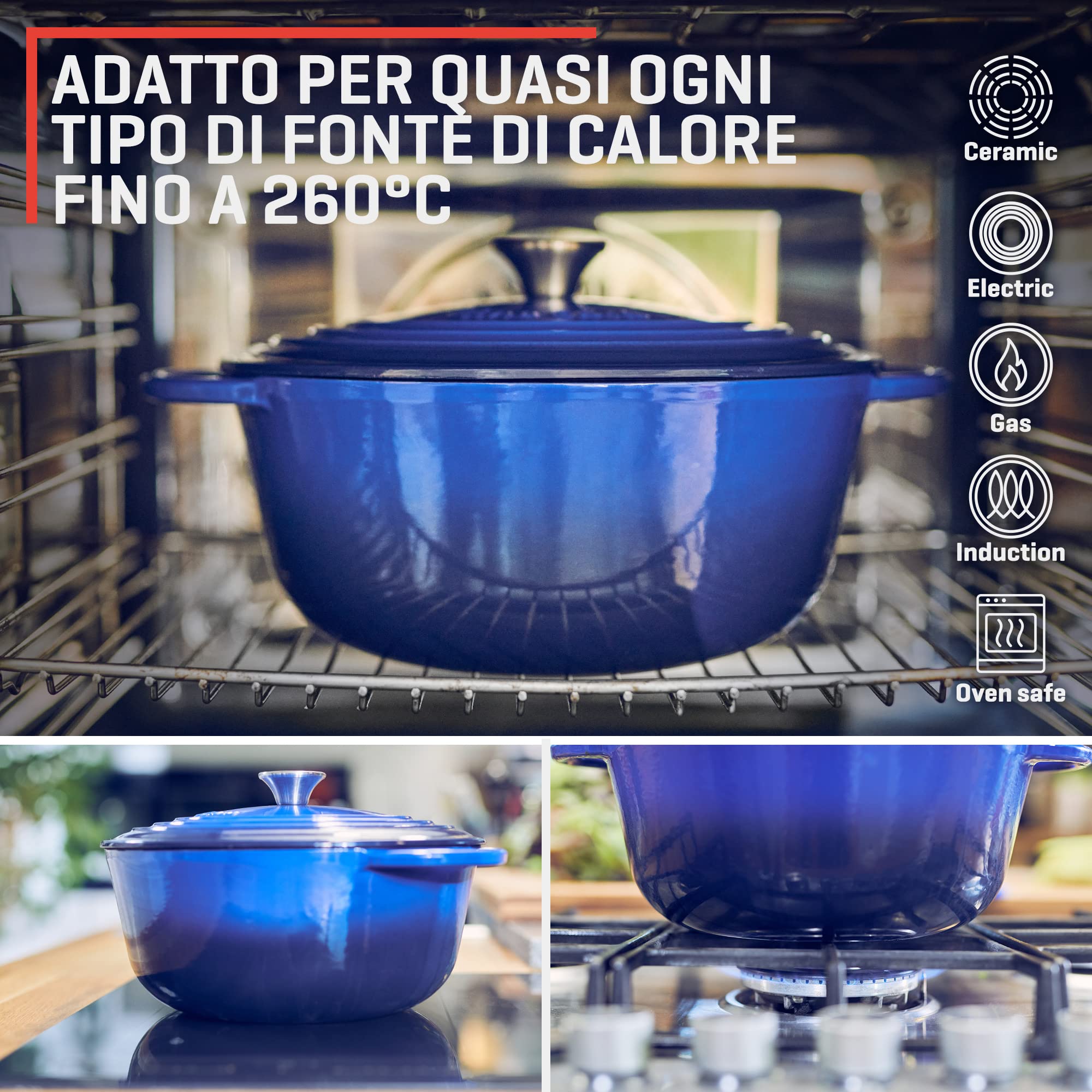 Uno Casa Pentola Forno Olandese in Ghisa Smaltata 5,6 litri Blu con Presine e Sottopentola in Silicone