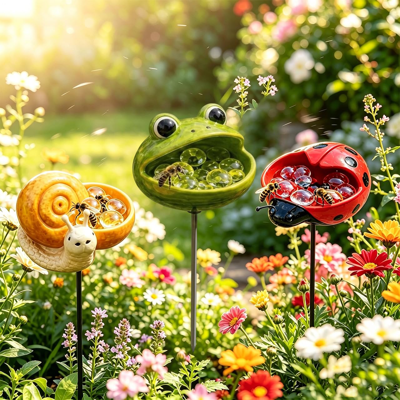 Unique Animal Watering Stations, Bee Drinking Cups for Garden Stakes with Frog Snail Ladybug Designs, Outdoor Resin Bee Feeder Decorative Water Bowl for Birds Bees Butterflies Small Wildlife、3Pcs