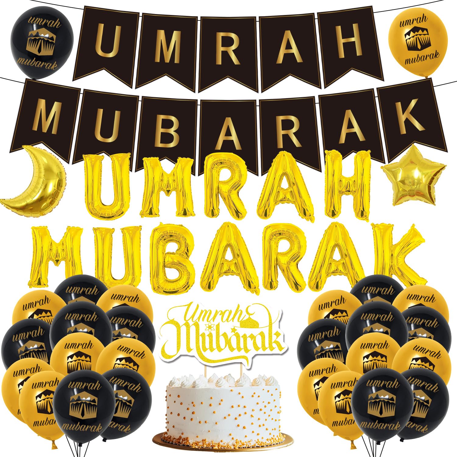 Eiapadeor Umrah Mubarak Decorations Set - 47Pcs Umrah Mubarak Banner Cake Topper Balloons Bunting for Eid Hajj Ramadan Muslim Party Decor Supplies