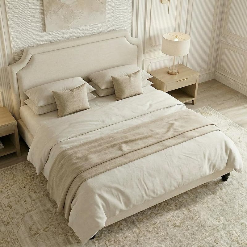 SHA CERLIN King Chenille Upholstered Platform Bed Frame, Beige image 4