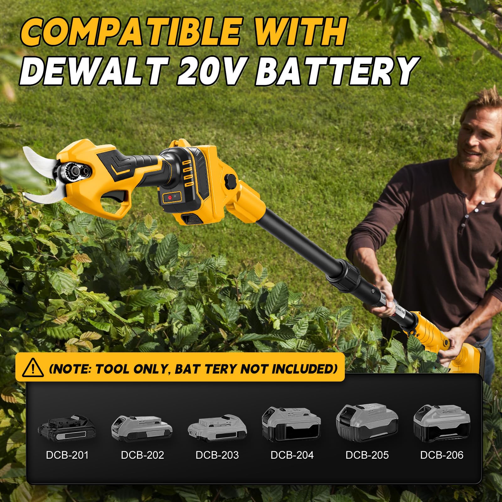 Tijeras de Podar Eléctricas 2 en 1 con Pértiga compatible con Dewalt 20V baterías, Tijeras de podar Corte de 14/30mm, Palo Telescópico 2M, Jardinería y Poda para Árboles (sin batería)
