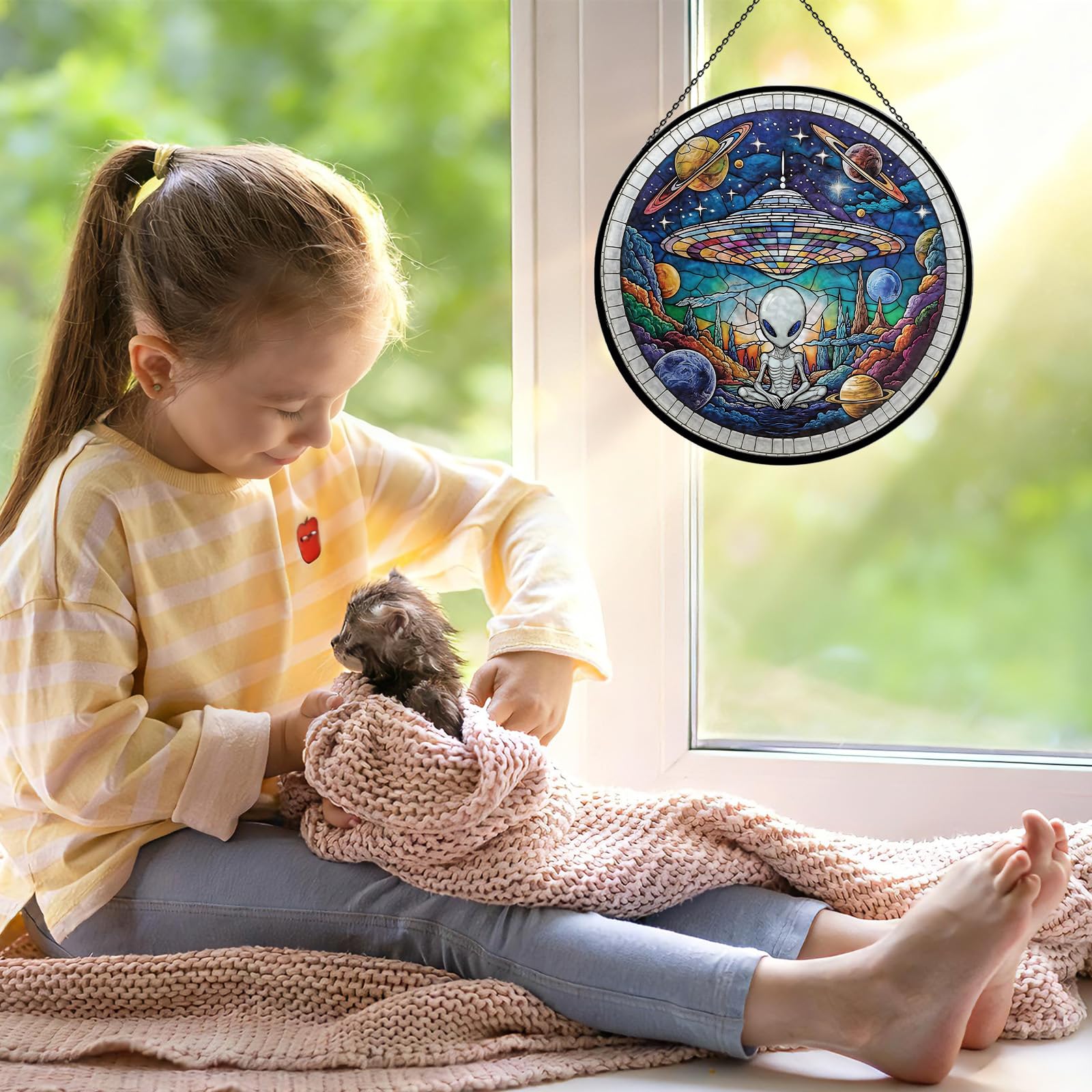 Alien Spaceship Stained Glass Window Hanging, 7.9" UFO Sun Catcher Glass Panel Boho Wall Art Decor, Hand Painted Round Ornament for Friends, Art Lover, Astronomer