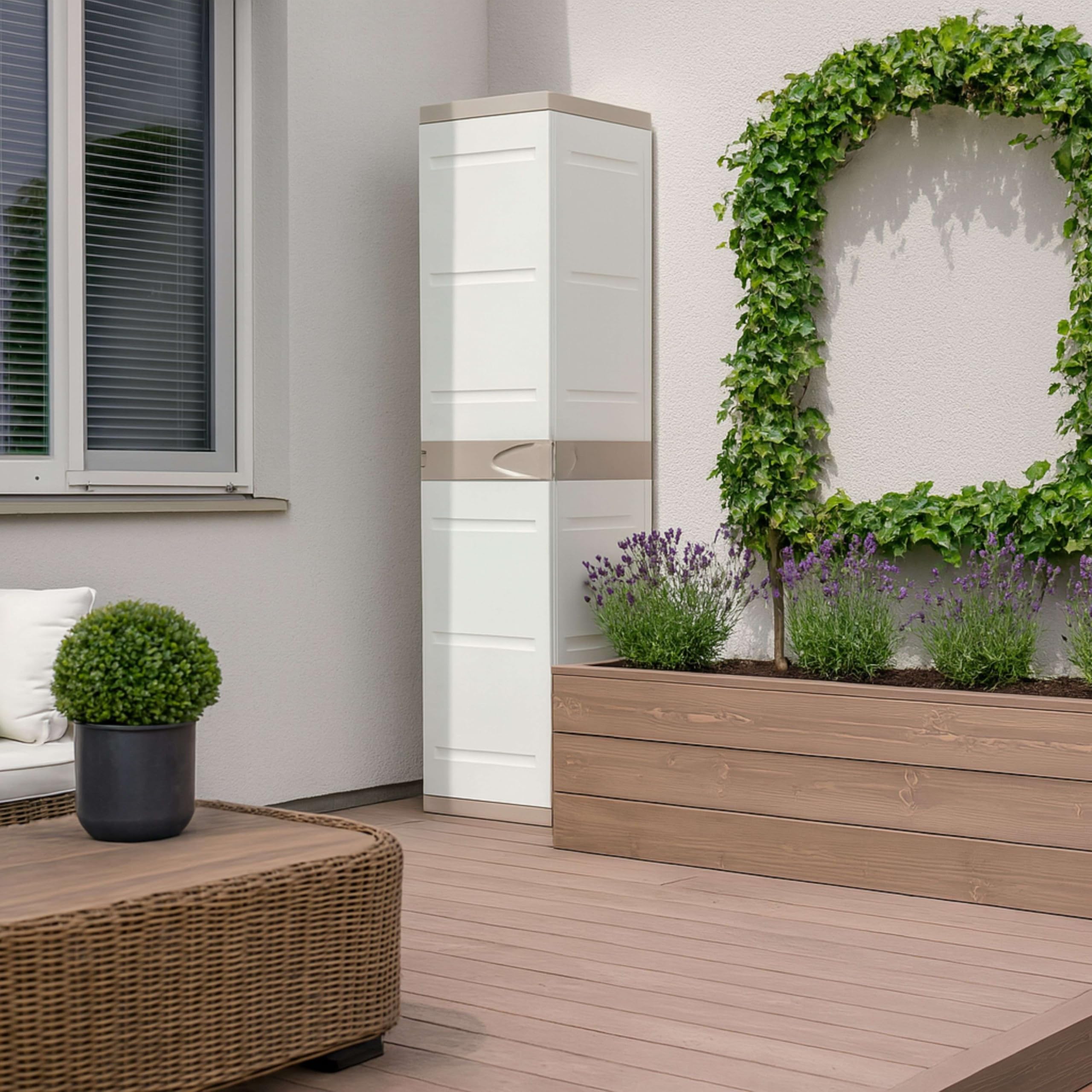 Miroytengo Armario Taquilla de Resina Titanium, Armario Alto de Jardín 1 Puerta 2 Baldas Beige 35x176x41 cm