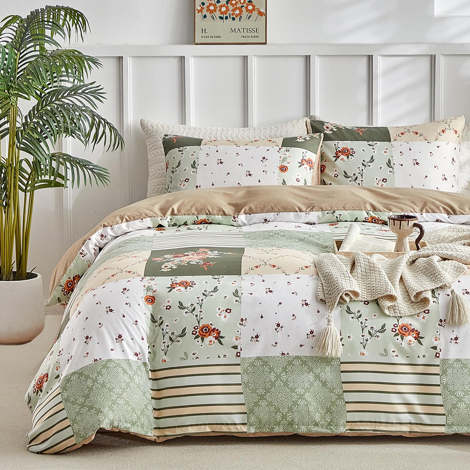 Lekesky Reversible Duvet Cover King Size, Green Floral Patchwork