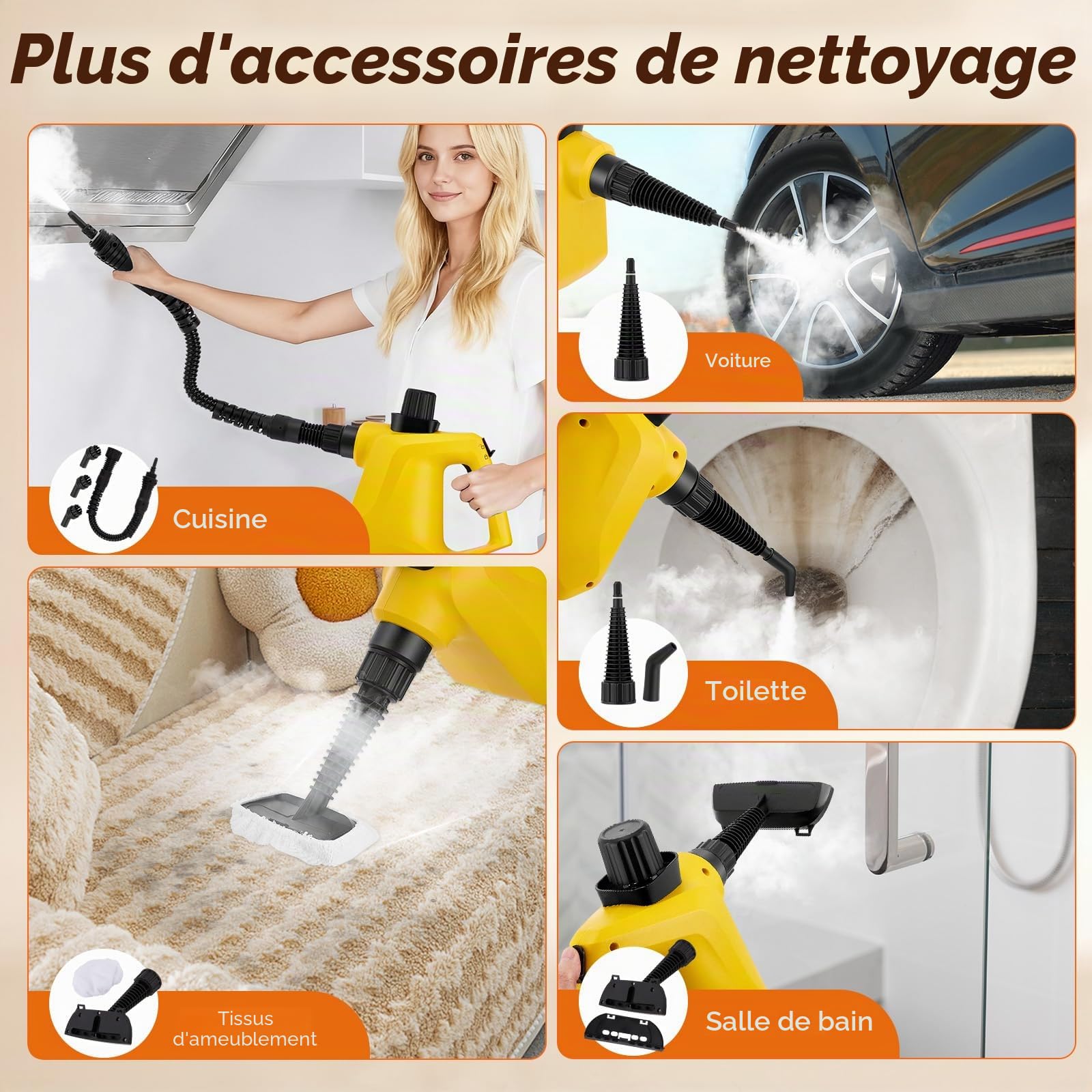 Nettoyeur Vapeur,Nettoyeur Vapeur Portable avec serrure de sécurité et kit d'accessoires de 10 pièces,Steam Cleaner pour Taches sur Vitres,lit,Matelas,Tapis,Voiture,Cuisines（Jaune）