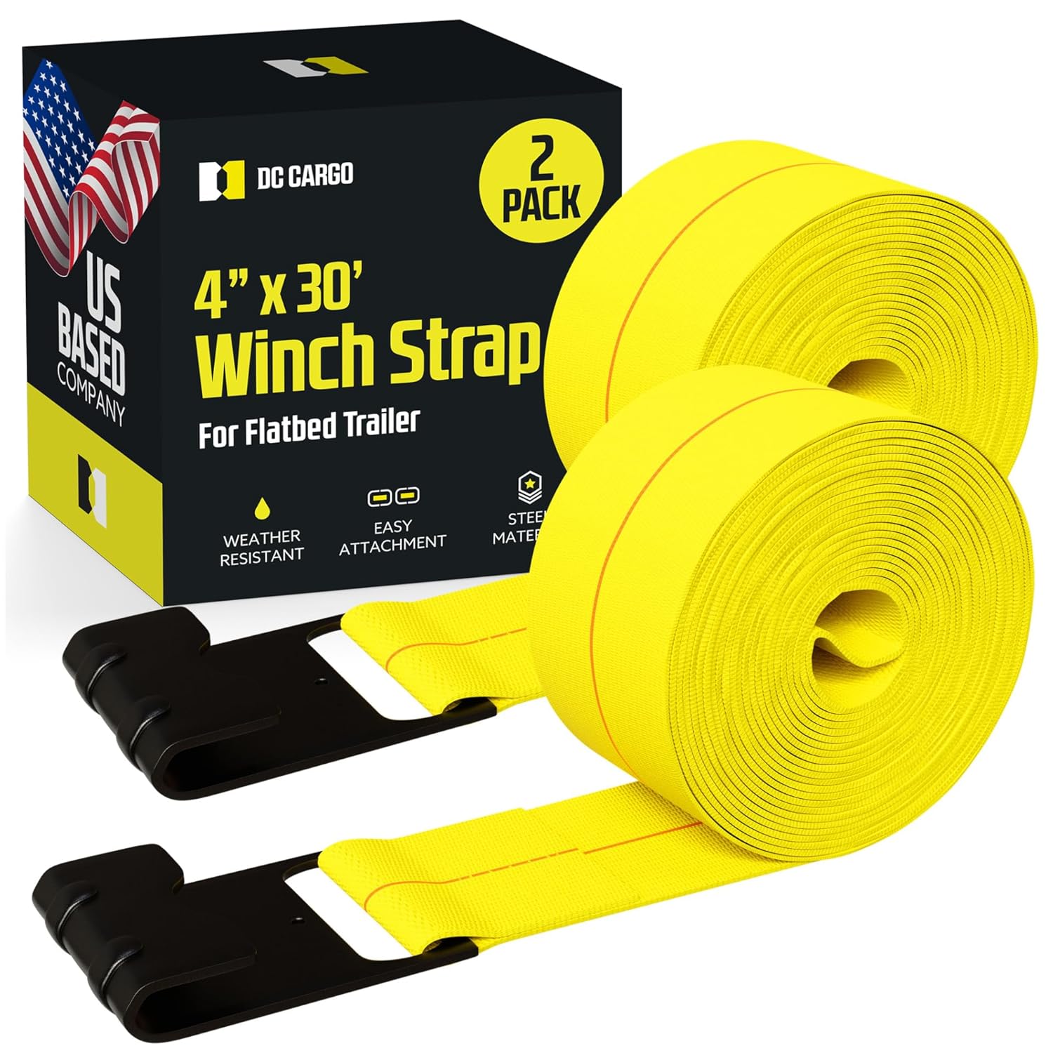 2 Winch Straps, 4" x30' Flatbed Trailer Strap Tie Downs w/Flat Hooks
