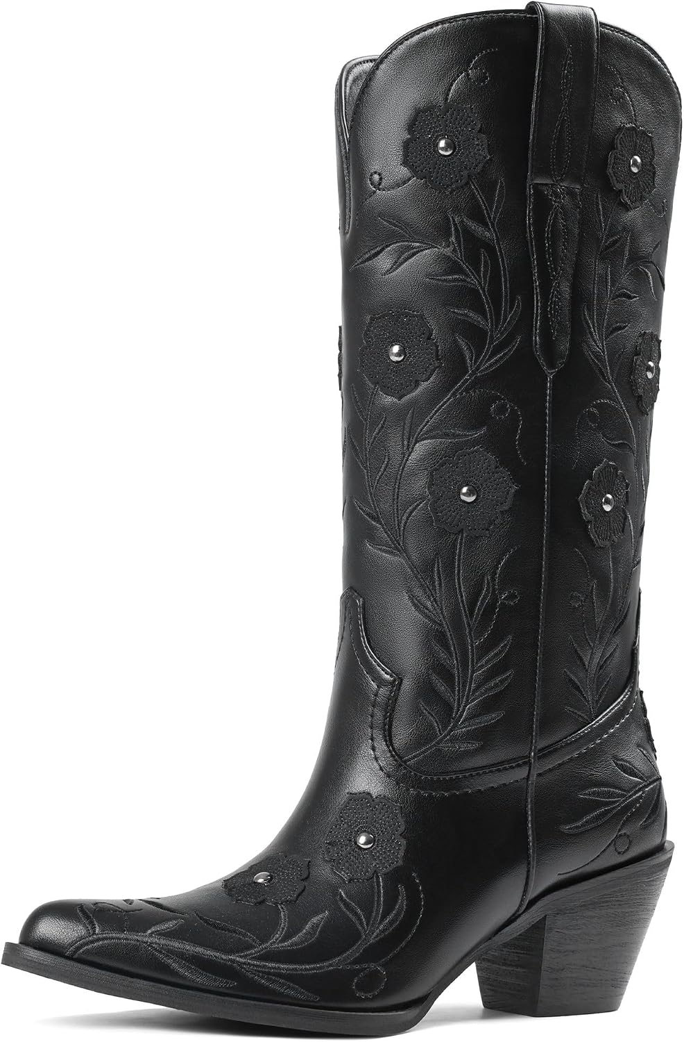 Goiphrri Womens Cowboy Boots Wide Calf Chunky Block Heel Pointed Toe Flower Embroidered Western Cowgirl Knee High Boots For Women Girl Ladies Tall Boot