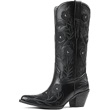 Goiphrri Womens Cowboy Boots Wide Calf Chunky Block Heel Pointed Toe Flower Embroidered Western Cowgirl Knee High Boots For Women Girl Ladies Tall Boot