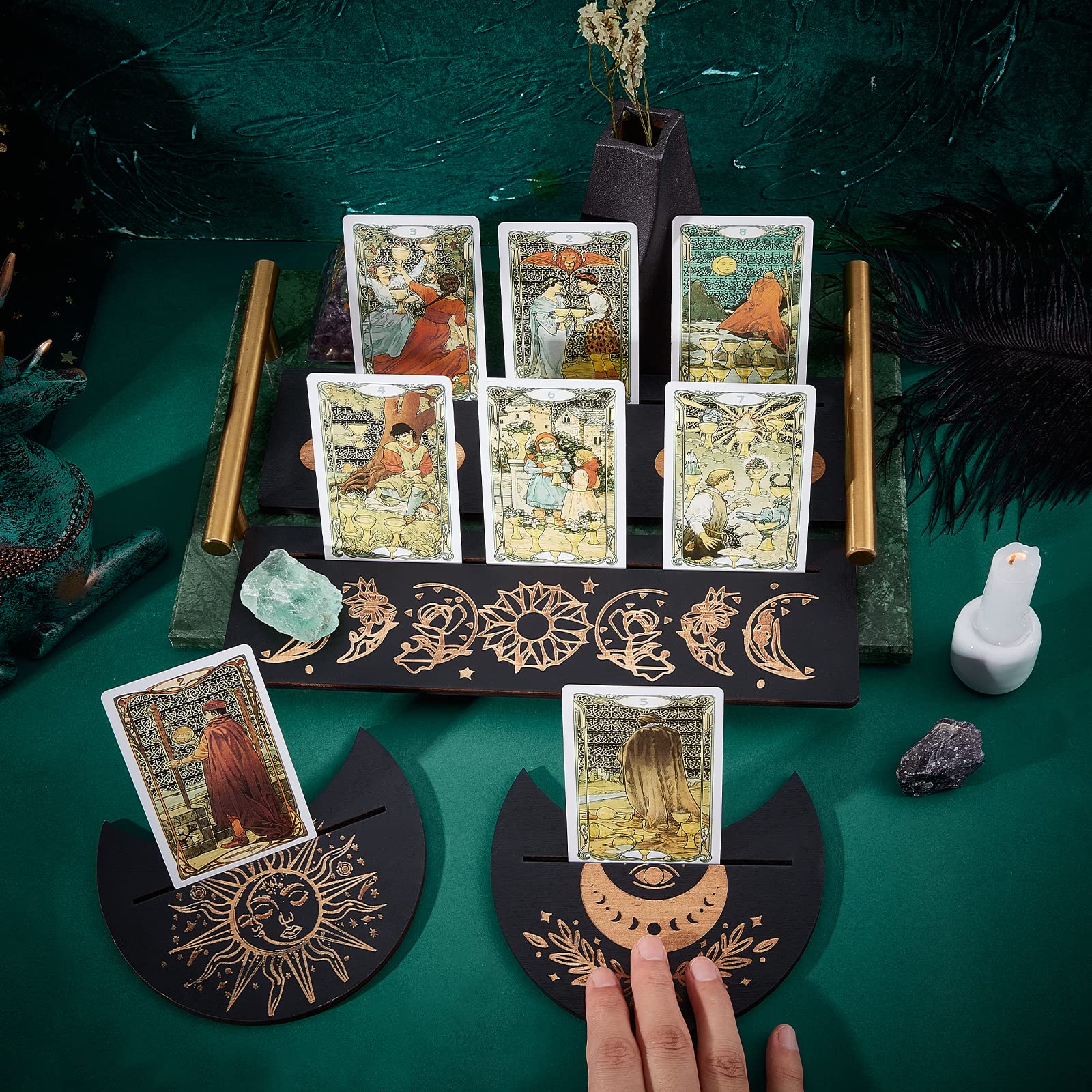 GORGECRAFT 4 Stks Houten Tarot Kaarthouder Hout Maan Vorm Handgemaakte Display Stands voor Heks Waarzeggerij Gereedschap Majic Ceremoniële Altaar Decor Wicca Rituele Benodigdheden, Maanfase Patroon