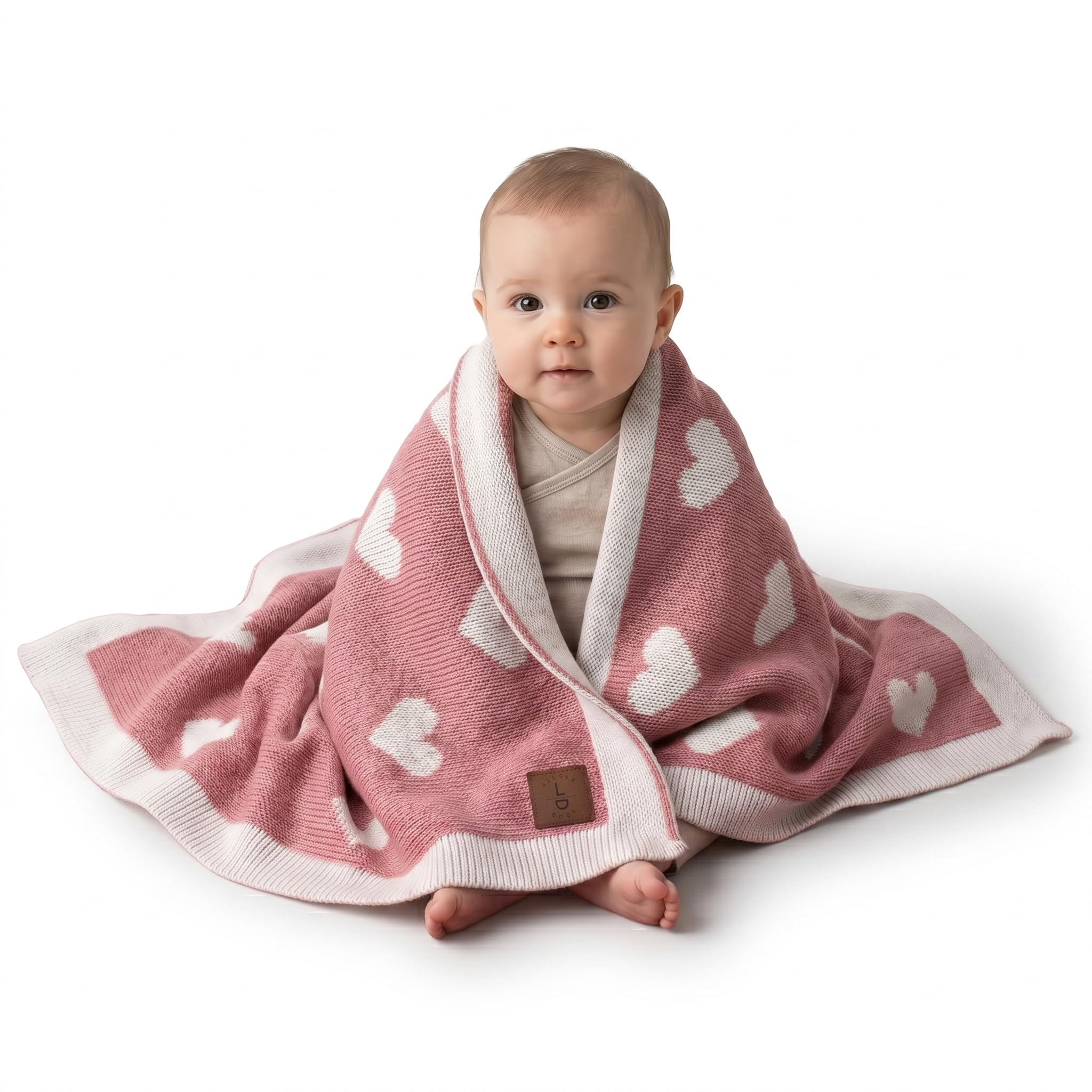 Little Dedi Baby Blanket 30x40 in โ Soft, Reversible Acrylic Knit Blanket with Bow โ Oeko-TEX Certified โ Hearts - Antique Rose โ image 1
