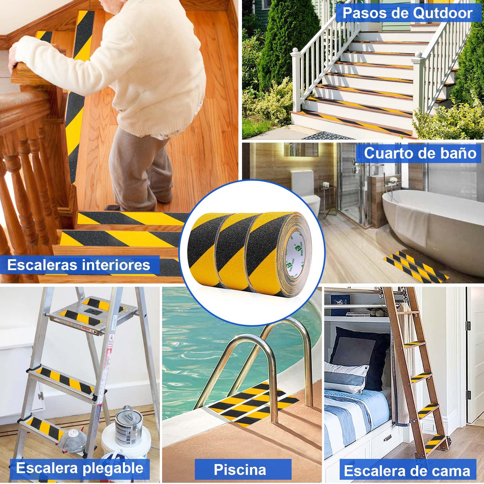 BOMEI PACK 3 Rollo Negro Amarillo Cinta Antideslizante Escaleras, 5cm×10m Antideslizante Cinta Adhesiva,Alta Tracción Cinta Antideslizante Adhesiva,Cinta Adhesiva Antideslizante Escaleras