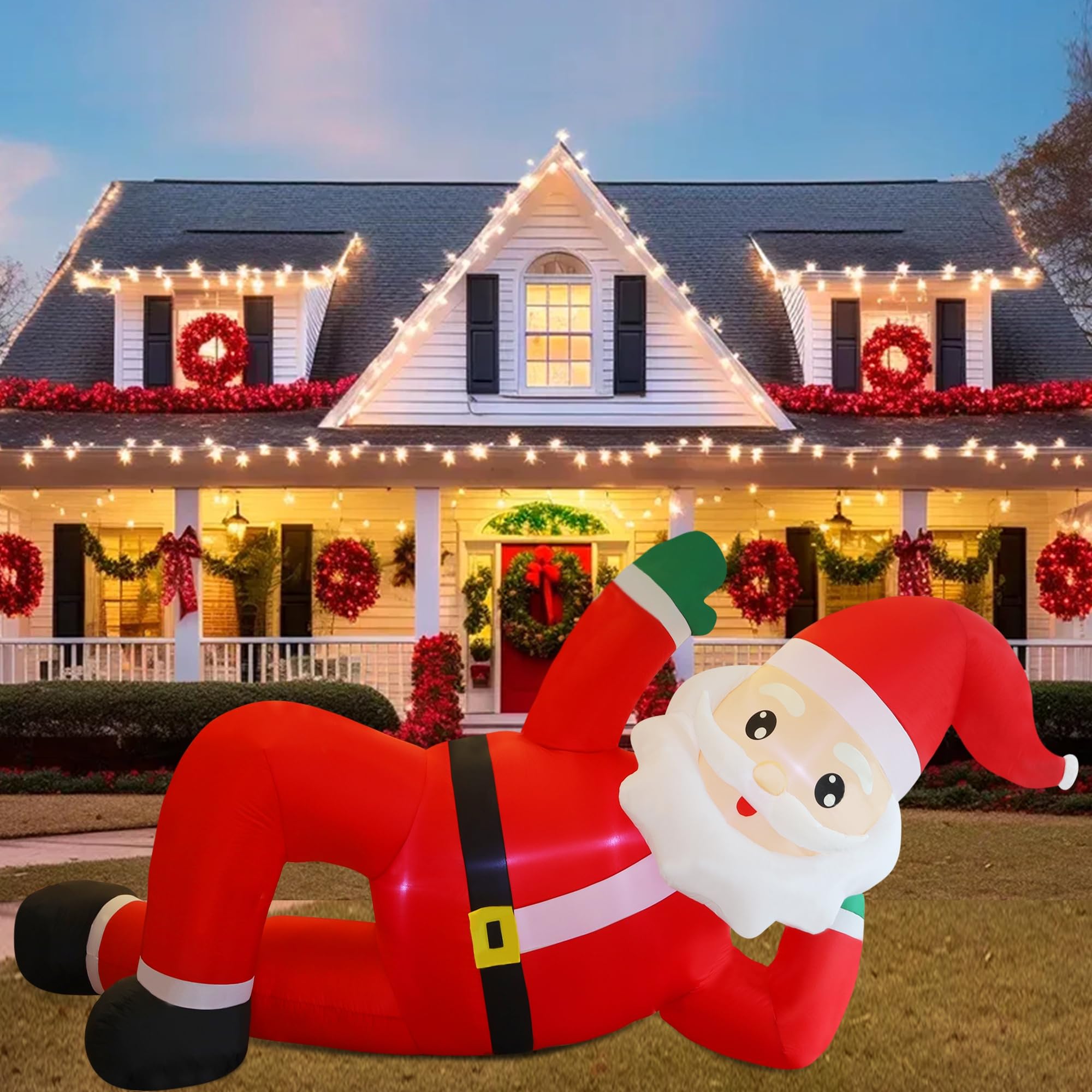 Juegoal Decoraciones inflables de Navidad al aire libre, Papá Noel inflable de 12 pies de largo, Papá Noel gigante iluminado con luces LED integradas, decoración de jardín