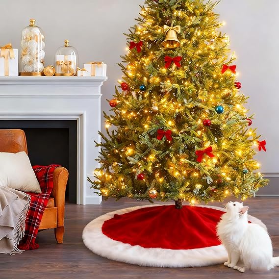 yuboo Santa Christmas Tree Skirt, Red&White Velvet Tree Rug 48 Large for Red White Christmas Decorations&Ornaments, Machine Washable