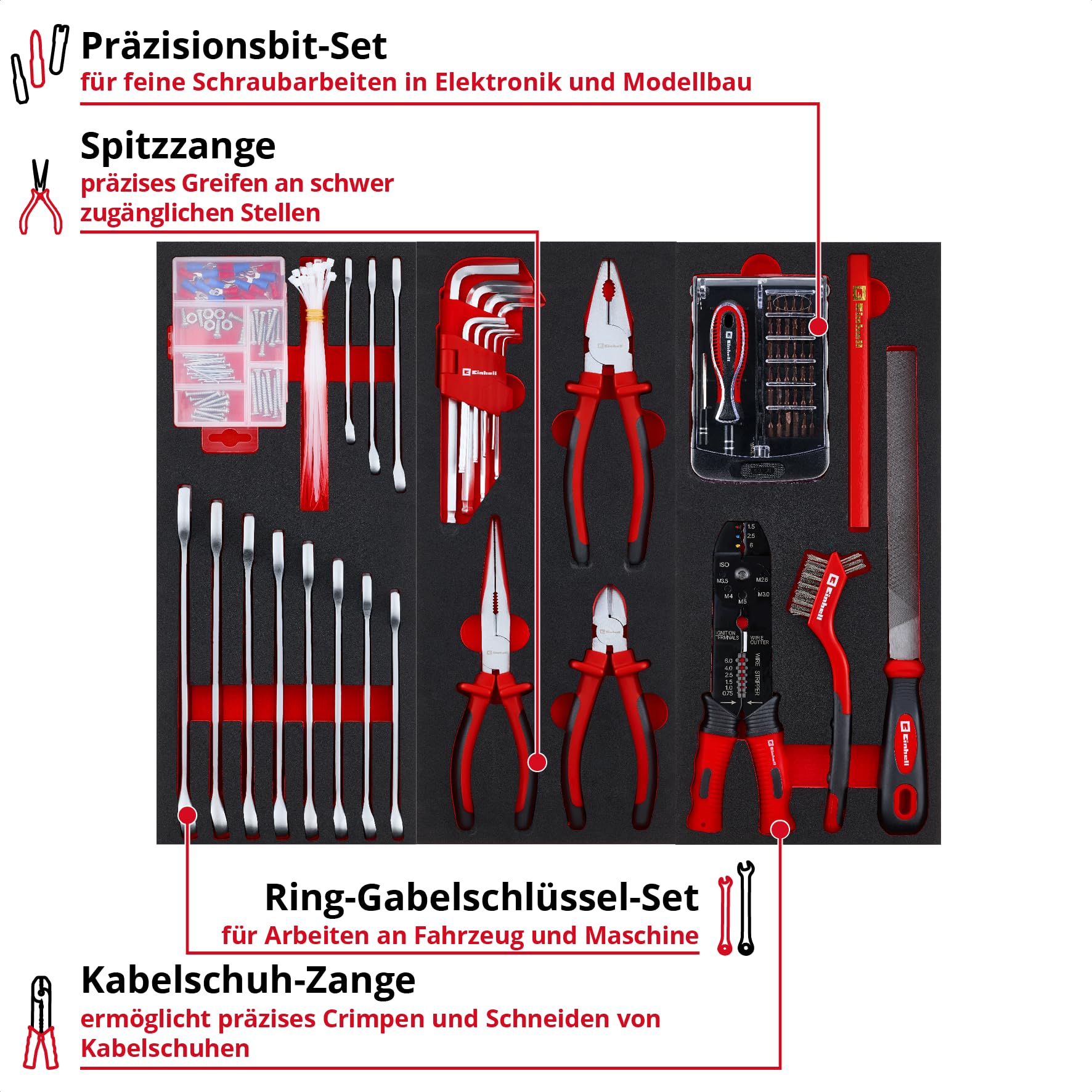 Einhell Kit d'outils pour servante d'atelier 6 pads – 287 pièces avec embouts de précision et spéciaux, pinces, vis, clé à douille, niveau à bulle, marteau et mètre ruban