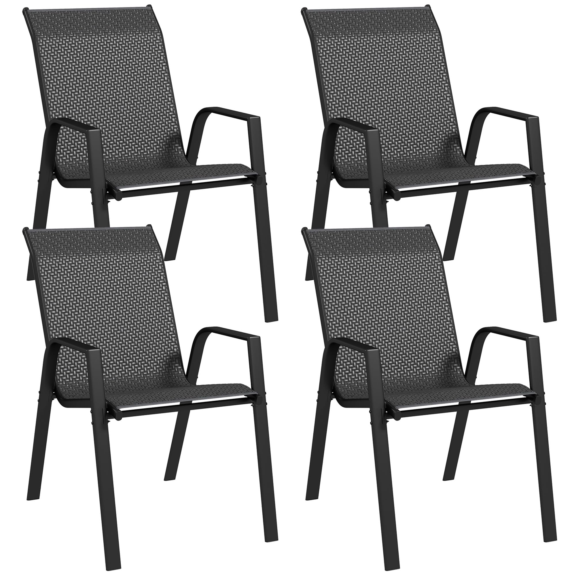 Outsunny Set 4 Sedie da Giardino Impilabili in Rattan PE e Acciaio Grigio | Sedie da Pranzo per Esterni con Braccioli