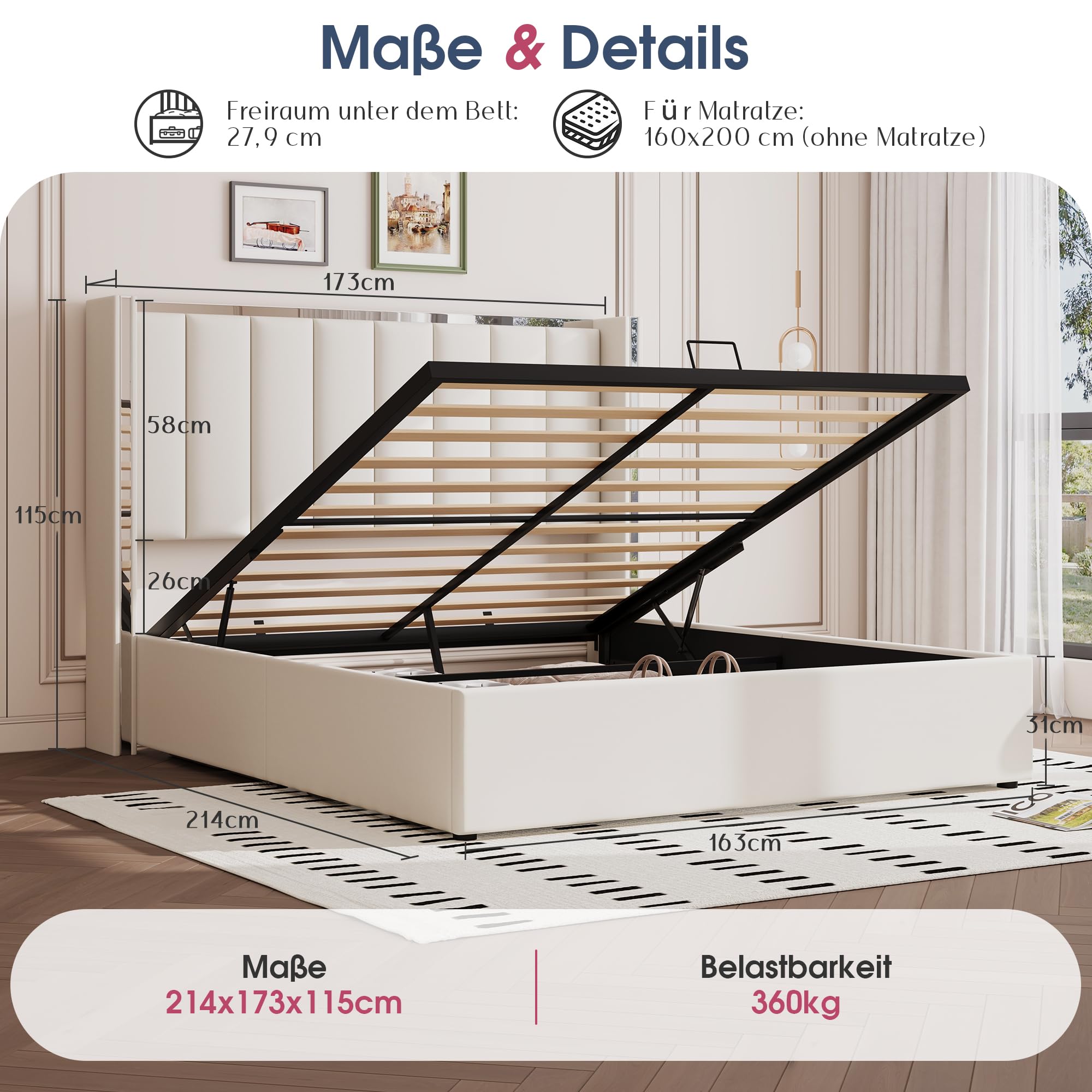 LUXOAK Polsterbett 160x200 mit Bettkasten & Liftfunktion, Beige | 115cm Wingback-Kopfteil mit Chromdetails, weicher Samtbezug, großer Stauraum, stabiler Holzrahmen, leiser Lattenrost