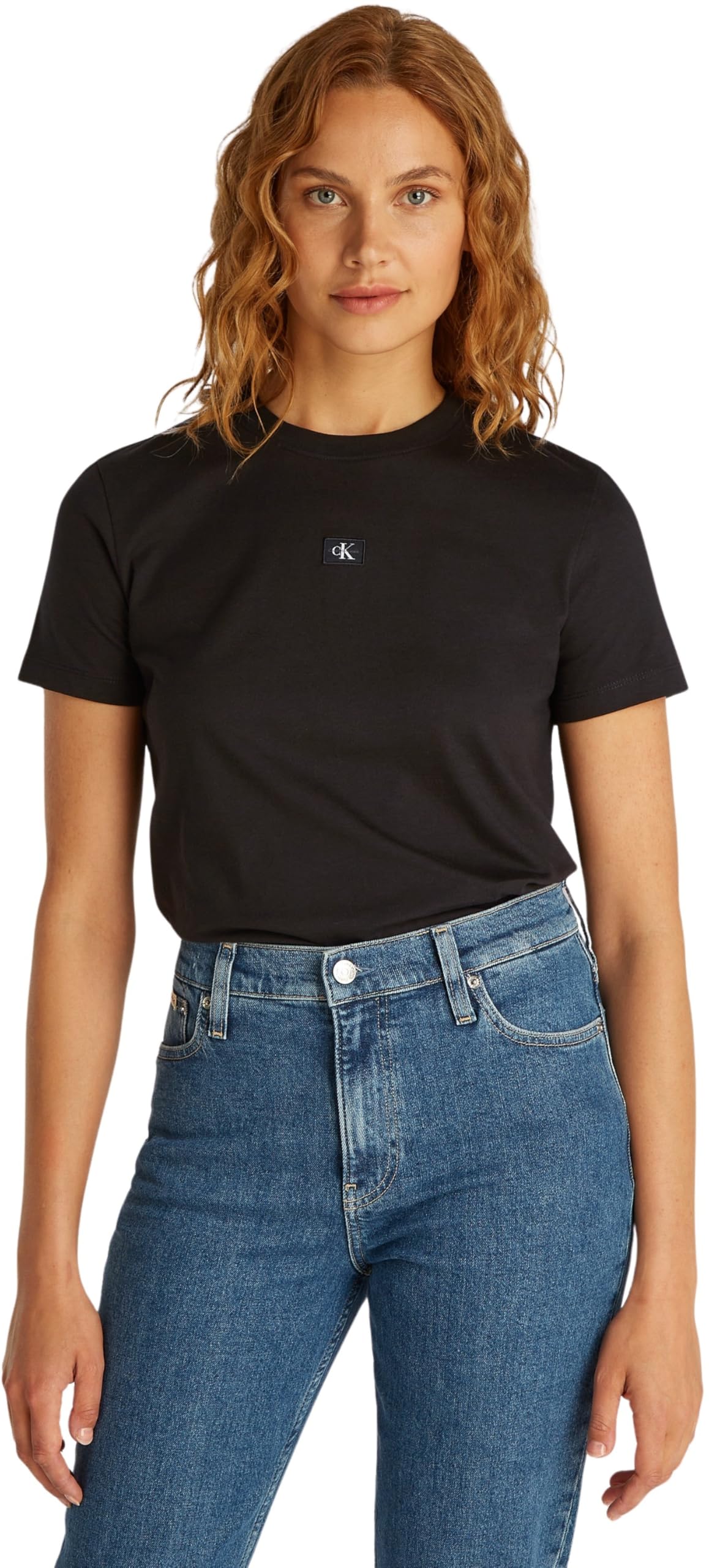 Calvin Klein Women’s Short Sleeve Woven Label Regular Fit Cotton T-Shirt, Black (Ck Black), XXS
