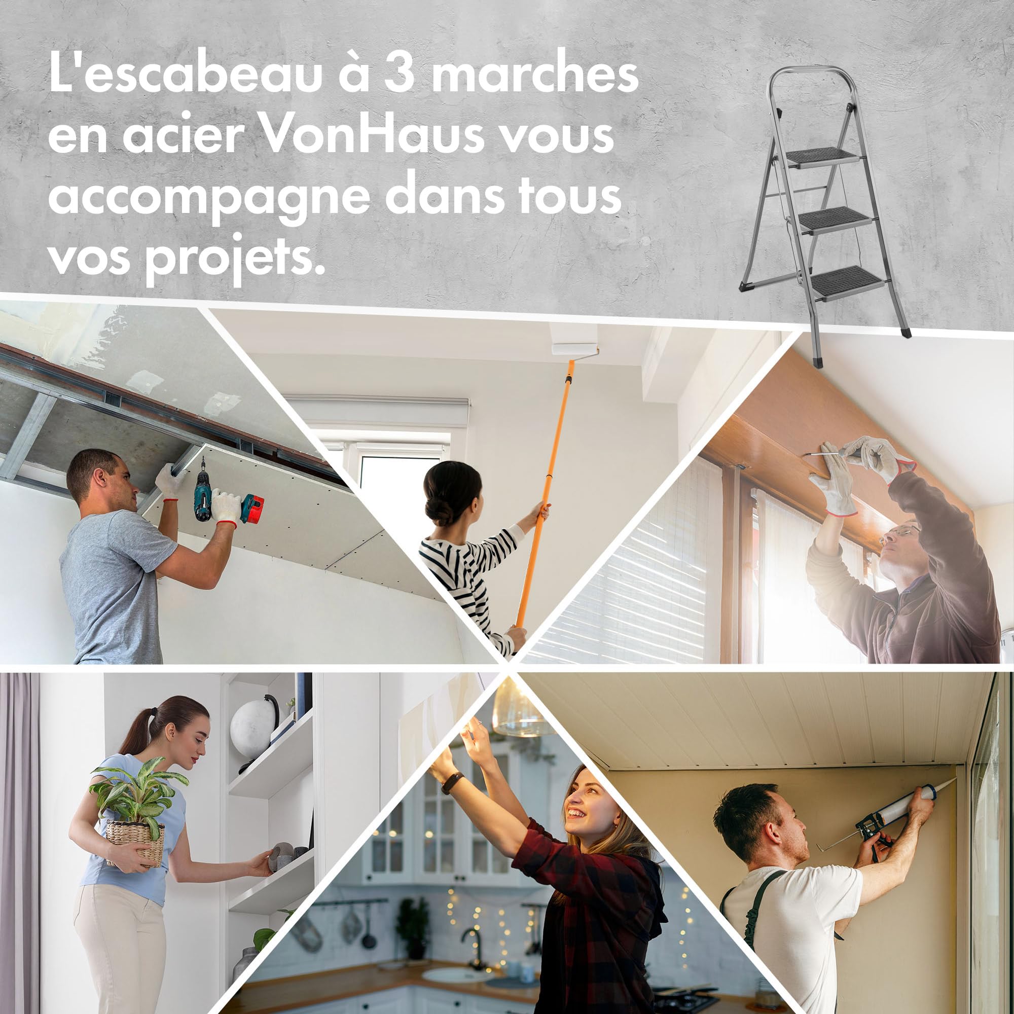 VonHaus Escabeau 3 Marches Antidérapant – Escabeau Pliable Facile à Ranger – Capacité Maximale de 150 kg – Échelle de Qualité pour Bricolage et Jardinage en Acier Durable