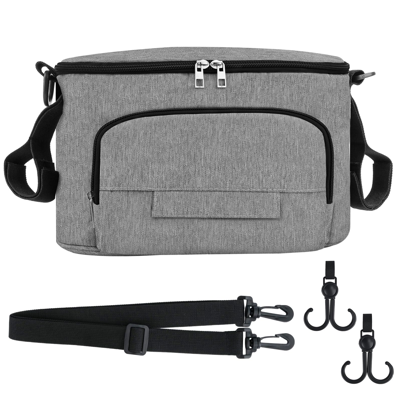 Organisateur de Poussette Universel Oxford 600D Imperméable, Sac de Rangement Poussette Grande Capacité 32x16x18,5 cm, Sac à Langer Bébé avec 2 Porte-Gobelets Isothermes, Bandoulière & Crochet (Gris)