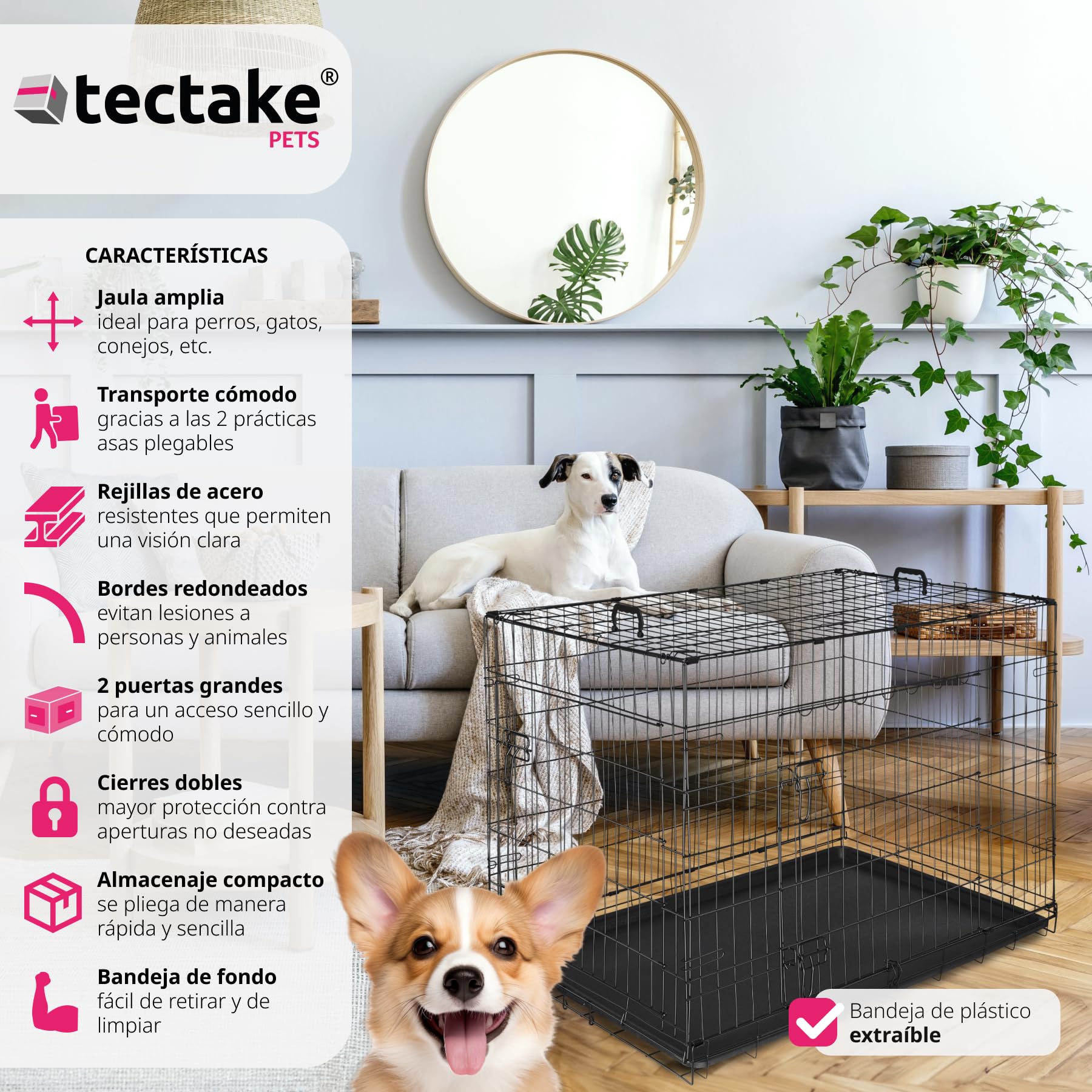 tectake® Jaula para Perros Plegable 108 x 71 x 76 cm con 2 Asas de Transporte, Resistente, Plegable Doble Puerta con Cierre y Bandeja Extraíble, Transportin Mediano Perro, Fácil Limpieza - L
