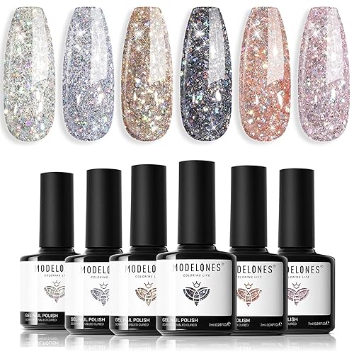 modelones Esmalte de uñas de gel con brillantina, 6 colores brillantes, plateado, dorado, rosa, kit de esmalte de gel para remojar cromado, platino,