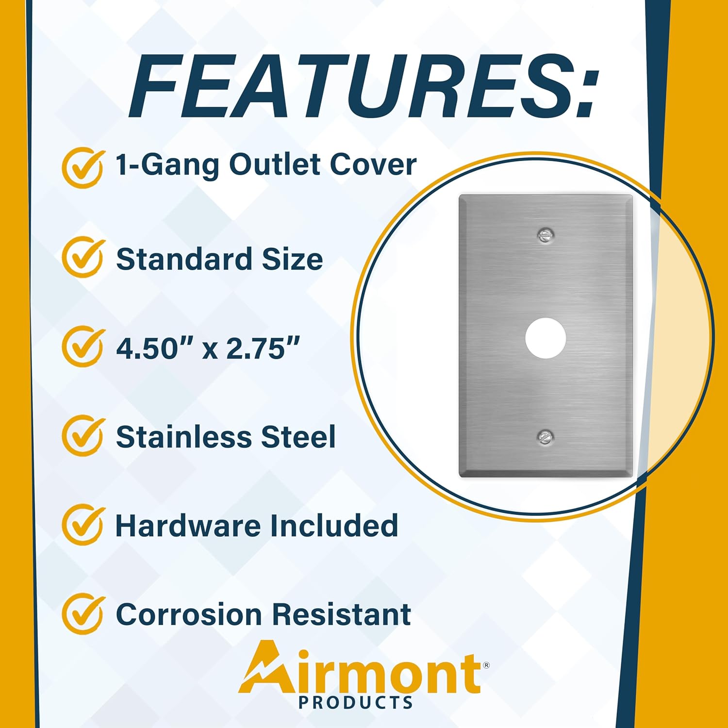 Standard Size Metal Wall Plate, 1-Gang Outlet Cover With 5/8'' Center Hole, Wall Plate 4.5" x 2.75", Corrosive Resistant, 430 Stainless Steel, Matching Screws, Made in USA