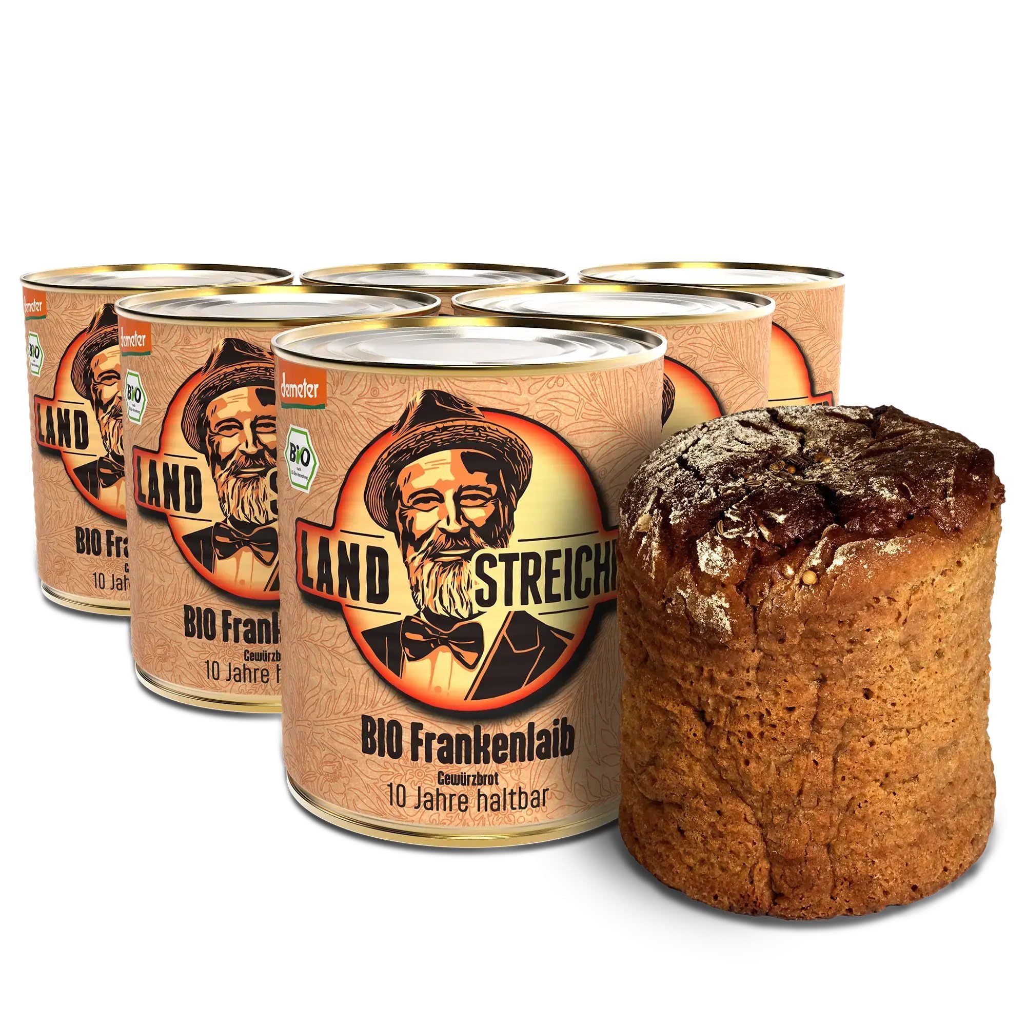 LANDSTREICHER Demeter BIO Dosenbrot, Frankenlaib (Gewürzbrot), 10 Jahre haltbar, verschiedene Packungsgrößen (6-er Pack)