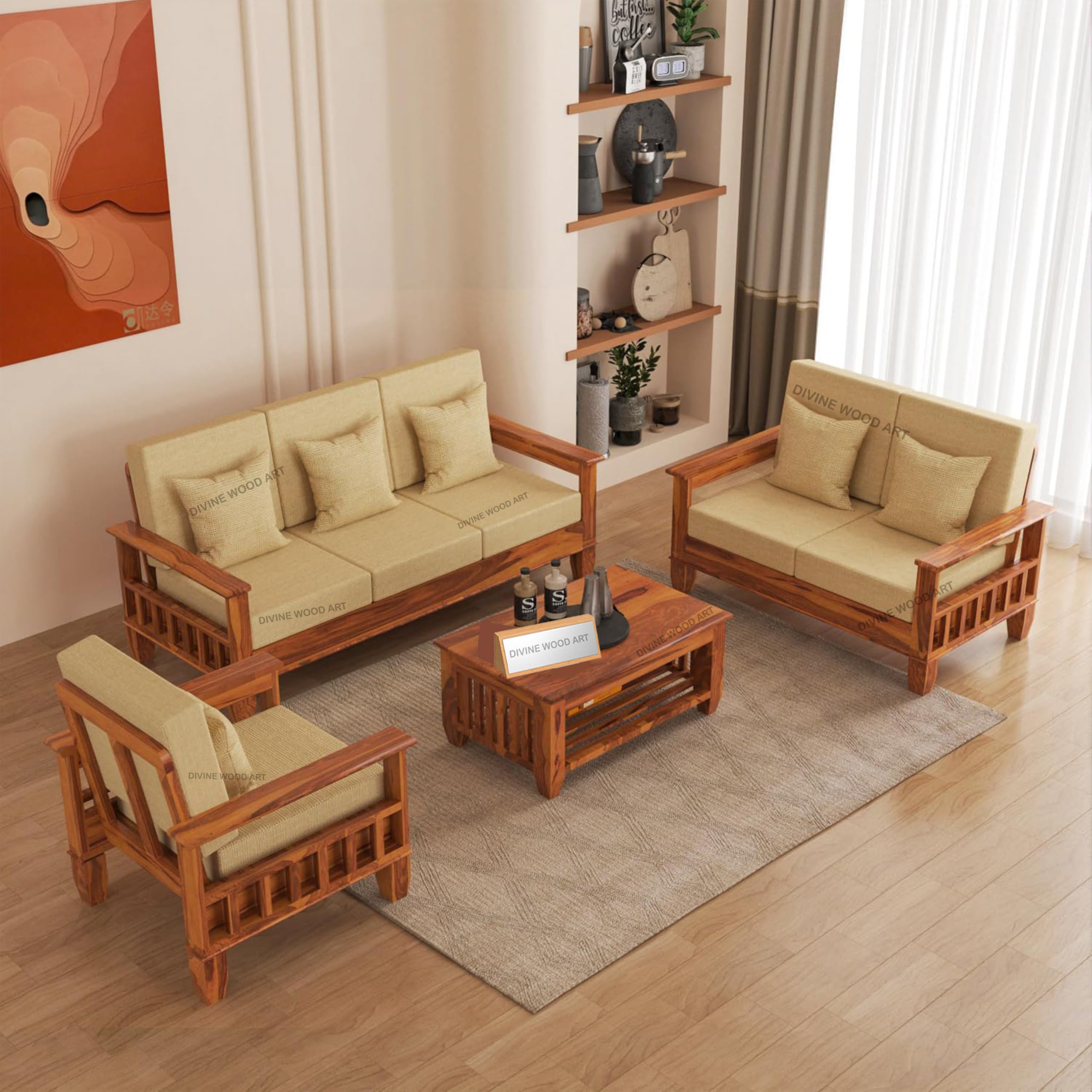 Sheesham Wooden 6 Seater Sofa Set for Living Room | Rosewood 6 Seater Cushion Sofa Set with Side Newspaper Holder for Home & Office | Solid Wood Sofa for Lounge (Honey, 3+2+1 Seater)-image-24
