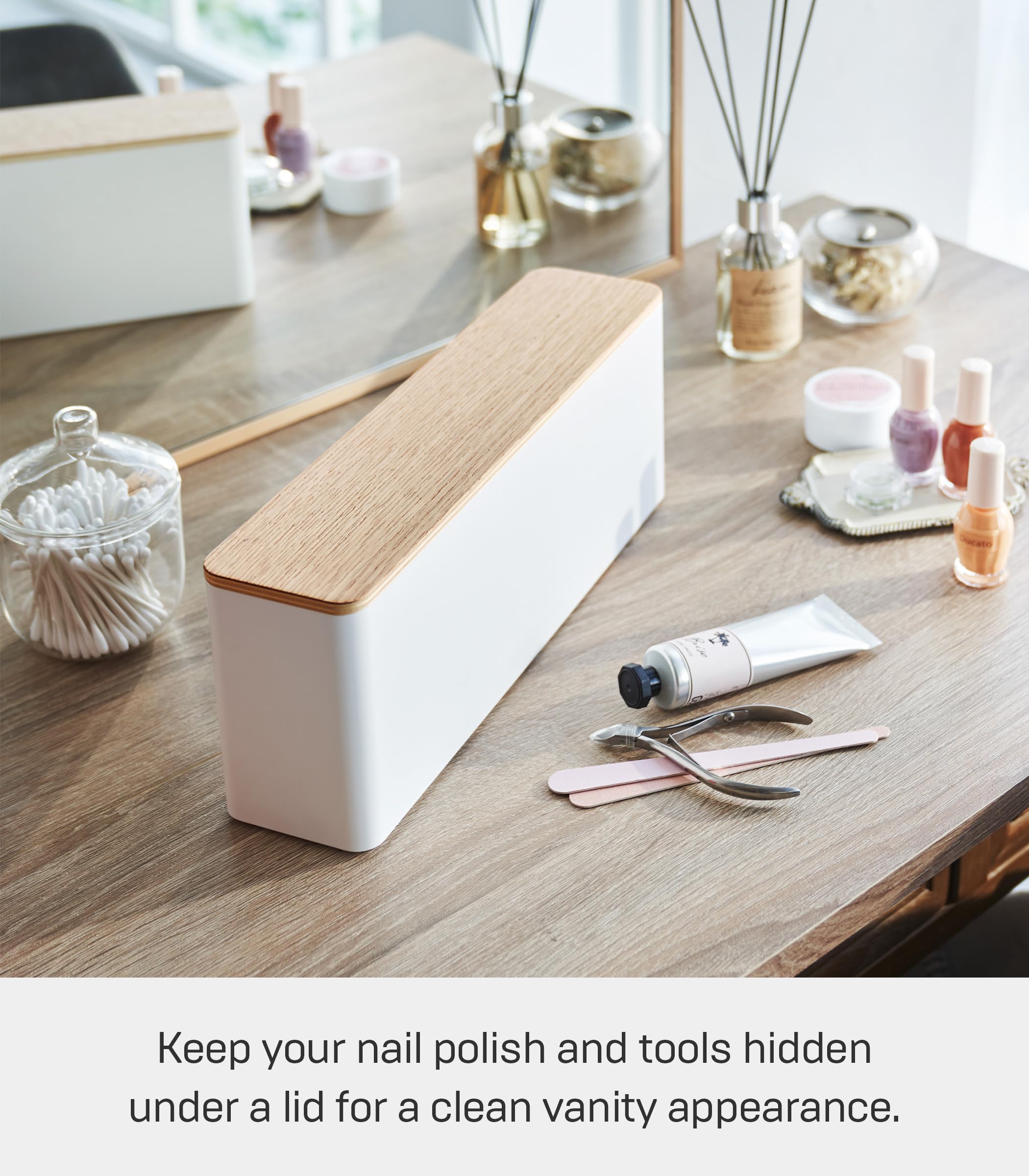 Yamazaki Home Tosca Spacious Nail Polish Organizer With Lid - Slim Storage Case With Tray For Nail Care Supplies - Ps Resin