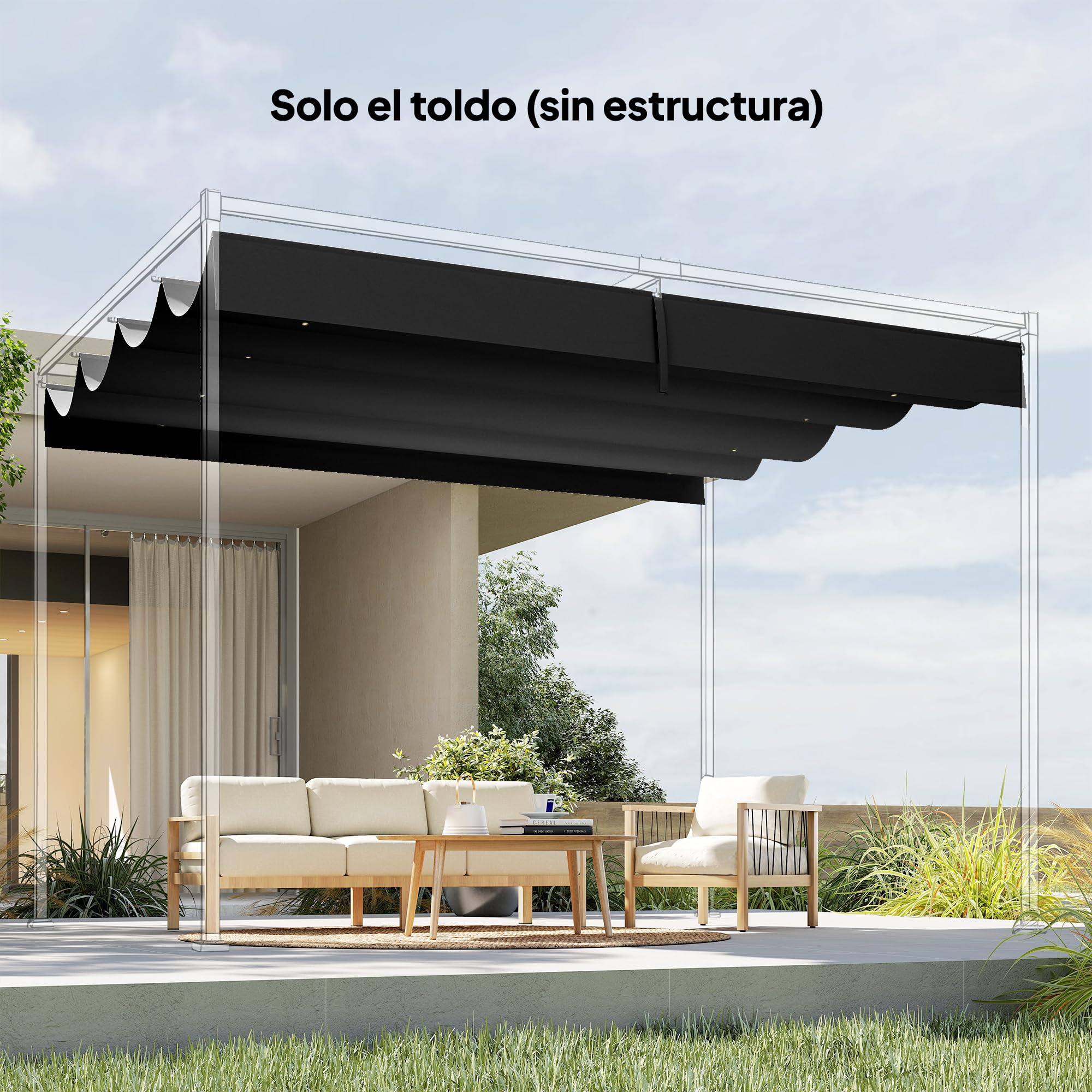 Outsunny Techo de Pérgola 4 x 3,5 m Repuesto Retráctil UV30+ Gris Oscuro | Techo de Repuesto para Marco de Pérgola, UV30+, Toldo de Tela, Solo para Cenador Jardín, con 8 Orificios de Drenaje