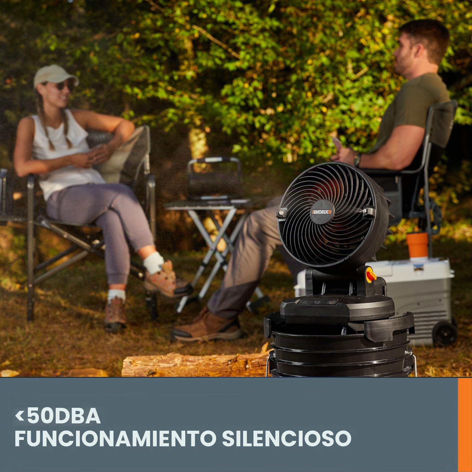 WORX Ventilador de nebulización inalámbrico de 20 V con 3 velocidades y 3 ajustes de niebla, ventilador portátil con tapa de cubeta máxima de 15 pies, ventilador ligero y silencioso que funciona con
