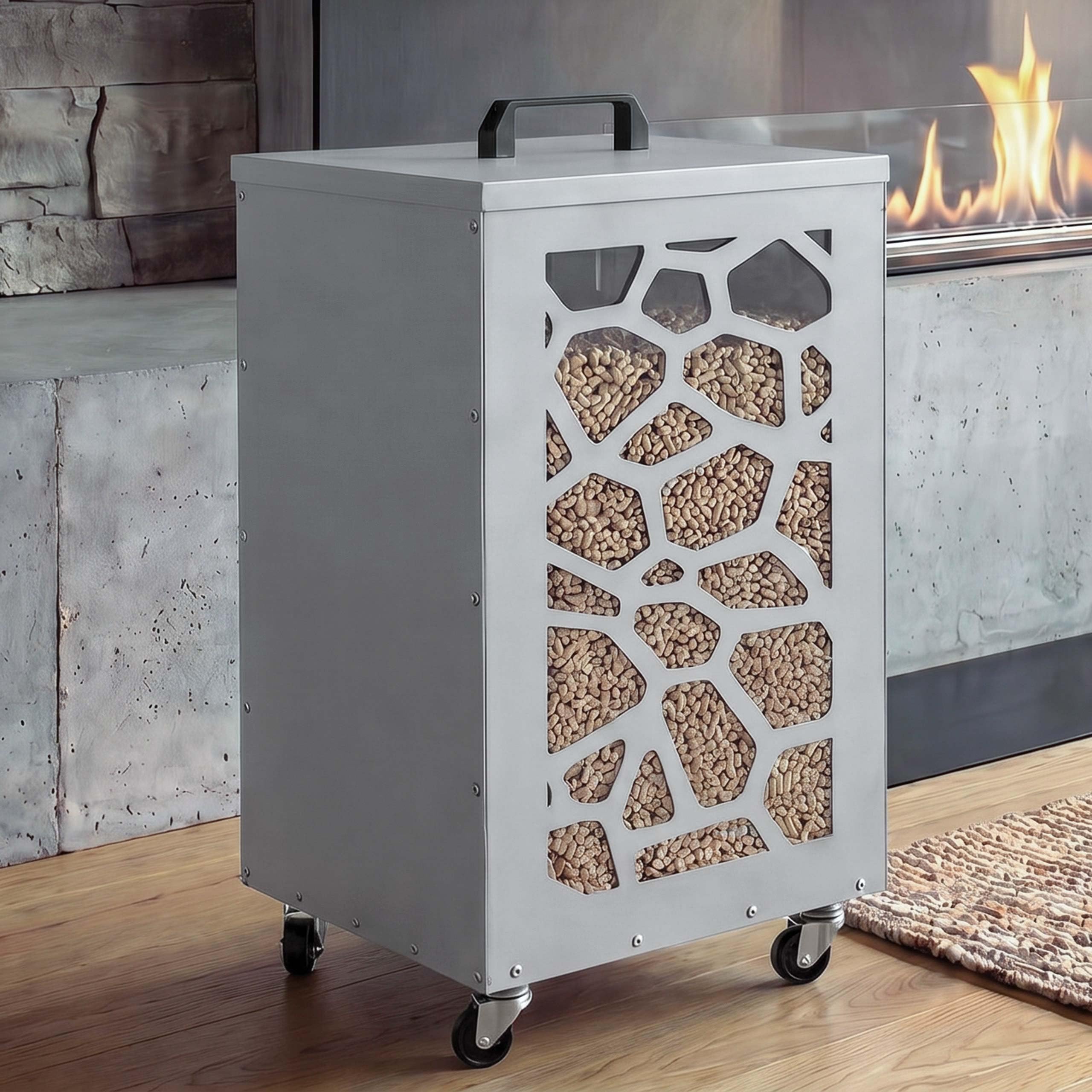 Mendler Contenitore per Pellet Nido Ape HWC-Q30 stoccaggio Pellet, con setaccio Filtro e rotelle 64x36x36cm - Bianco Grigio