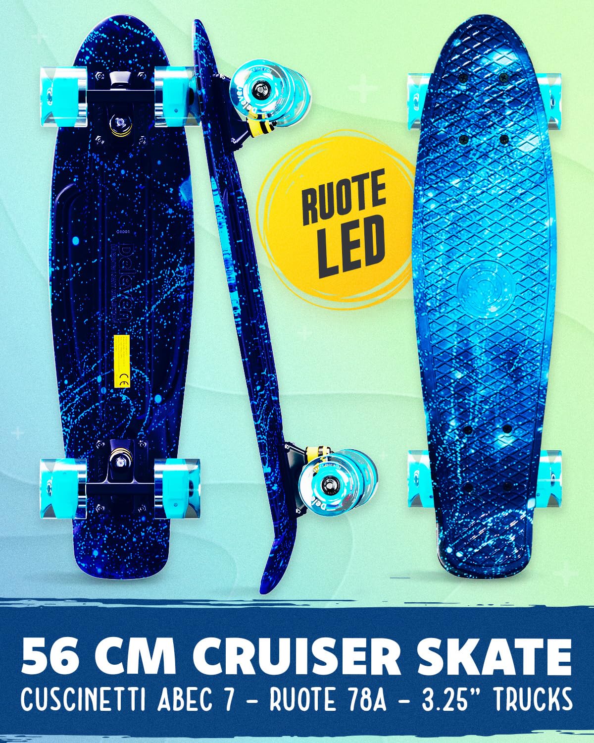 Deleven Skateboard 56cm con Ruote LED, Tool per Skate e Cuscinetti Abec 7 - Per Bambini Principianti Ragazze Ragazzi Adolescenti Adulti