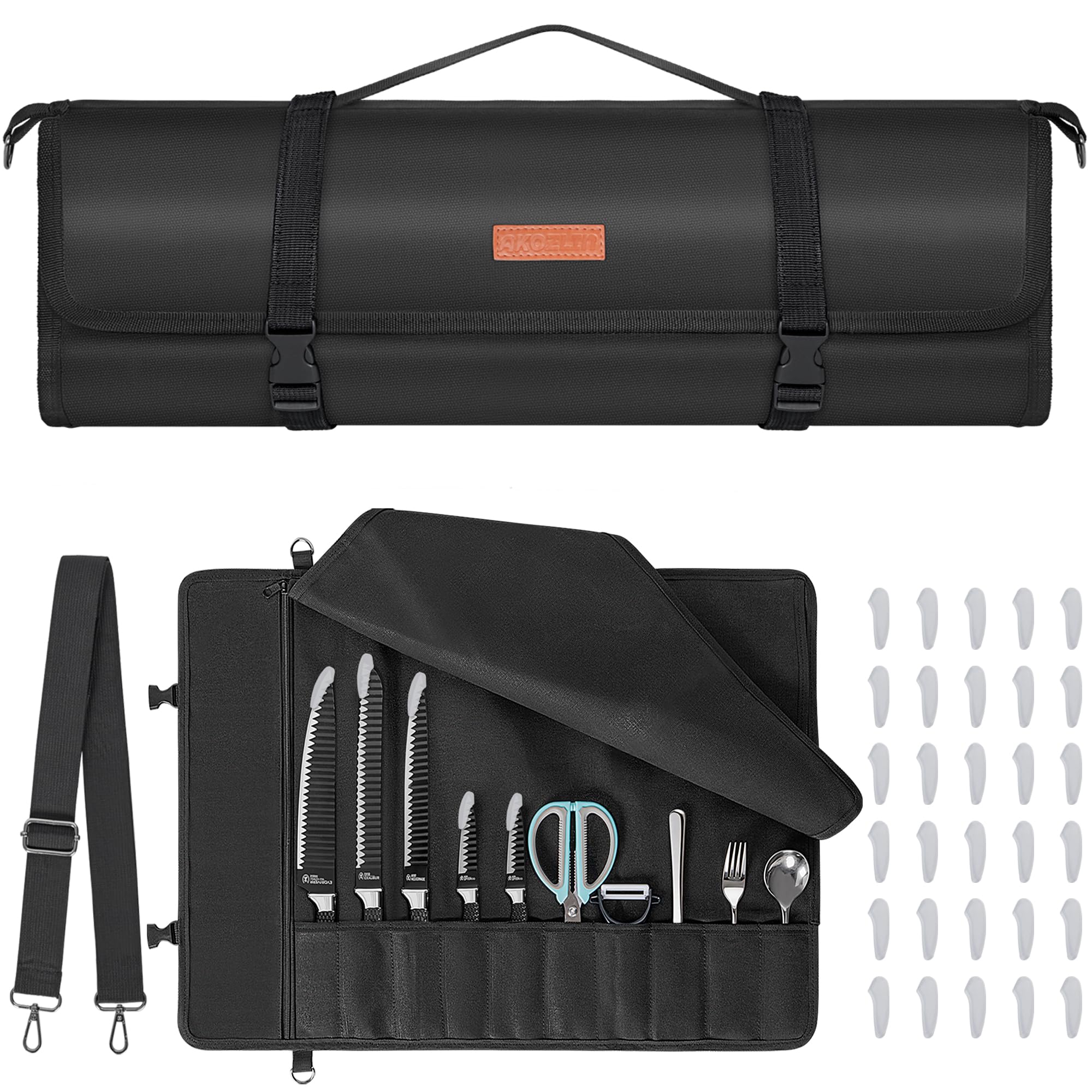 AKOZLIN Chef Knife Roll Bag Upgraded with 10 Slots & 1 Large Zipper Pocket Waxed Canvas Knife Carrier Case Portable with Adjustable Strap and 30 Knife Tip Protectors, Black