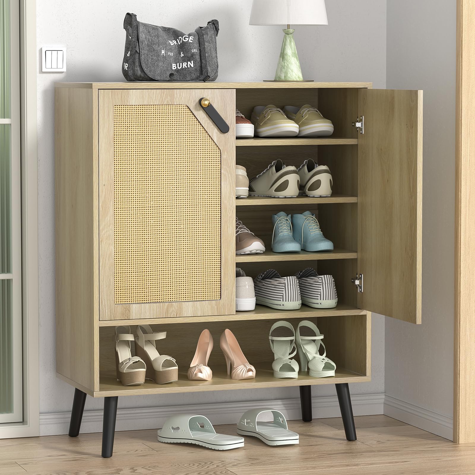 Rattan Schuhschrank mit 2 Türen, Schuhkommode für 15-20 Paar Schuhe, Schuhkipper mit Verstellbaren Regalen, Kippschutz, für Eingang, Flur, Wohnzimmer, Holz 80 x 38 x 100 cm