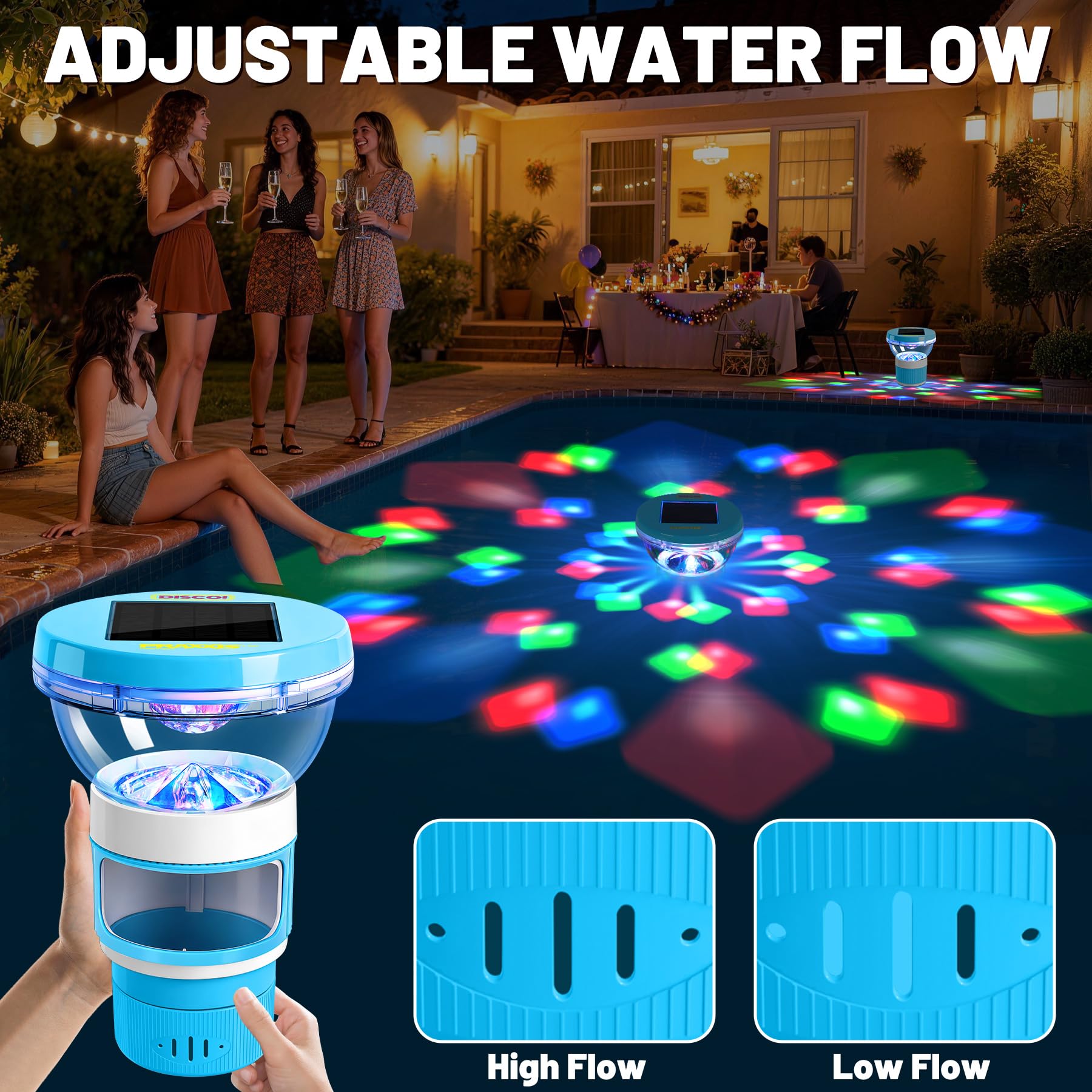 PRAXXIS Galleggiante solare per cloro con luce rotante da discoteca, flusso regolabile, dispenser di cloro galleggiante per piscina, galleggiante per cloro per piscina, galleggiante per cloro per