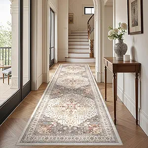 Tortania Area Rug 3x10 Runner Rugs - Washable Vintage Oriental Farmhouse Thin Indoor Carpet for Living Room Bedroom Hallway Entryway Kitchen Under Dining Table Home Office - Orange Multi