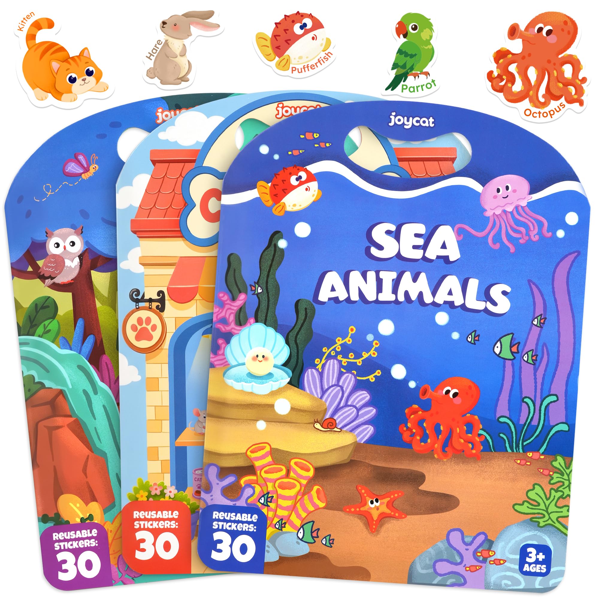 JoyCat Wiederverwendbare Stickerbücher für Kinder, 3er Set mit Wildtieren, Meerestieren und Haustieren, Abwaschbare Tiersticker, Kreative Beschäftigung für unterwegs, Geschenk für Kinder 3–5 Jahren
