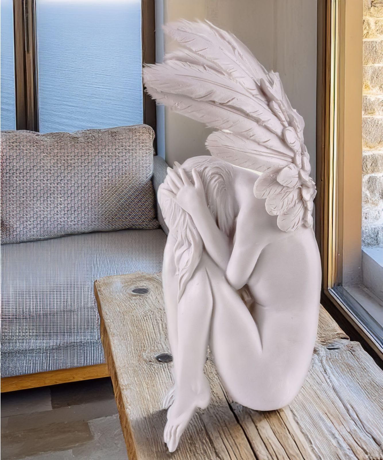 Kremers Schatzkiste - Dekofigur Großer Engel der Traurigkeit Kantenhocker 30 cm Weiß Angel Engelsfigur zum hinstellen für den Innenbereich Polyresin Angel of Sadness