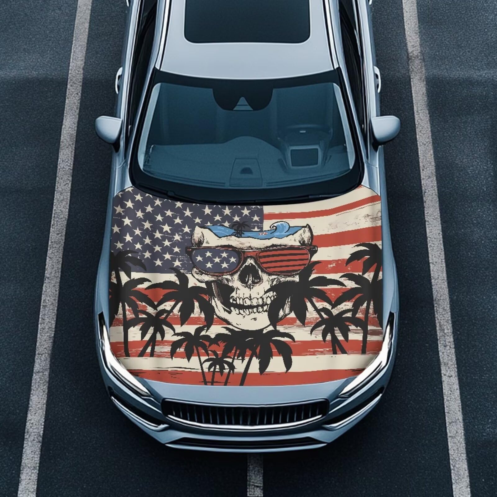 American Flag Skull Design Car Hood Cover Elastic Polyester Vehicle Hood Flag Waterproof Sun-Proof Automotive Exterior Accessories for Most Sedans SUV Trucks Van