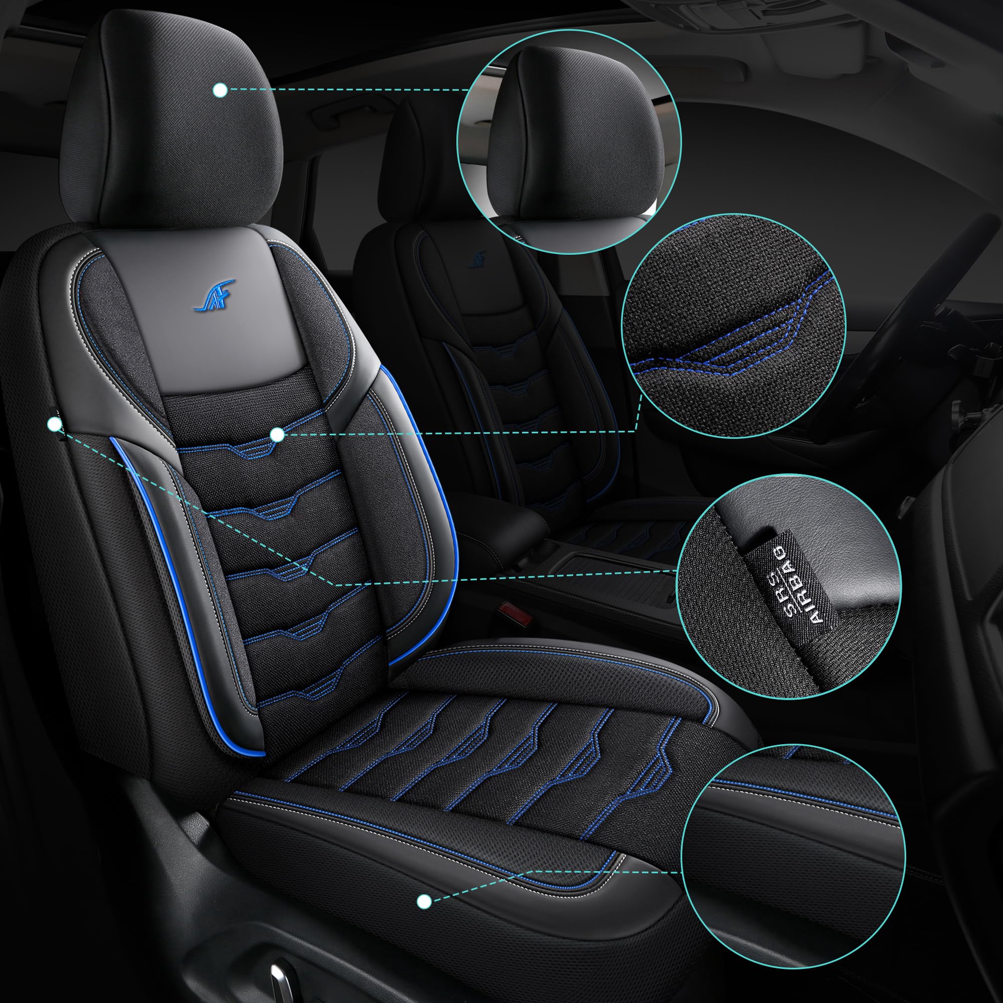 Couvre-sièges de voiture compatibles avec Hyundai Tucson TL 2015-2020 | Ensemble complet | Série AID | AID102 | Noir avec coutures bleues